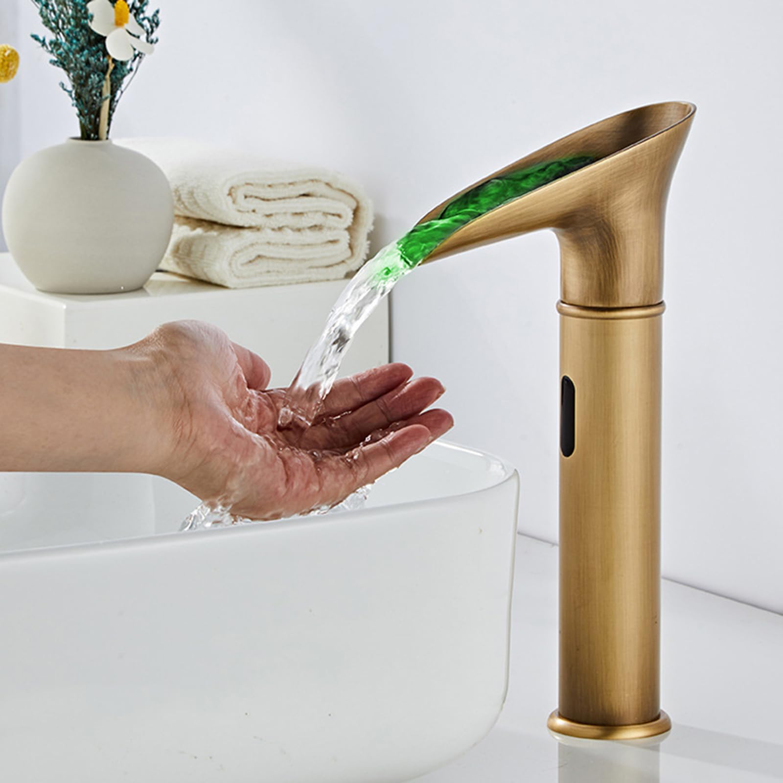 ZYCHSJXA Retro Touchless Tap Tall Bathroom Sink Taps Mixers with Led Automatic Infrared Sensor Faucet Antique