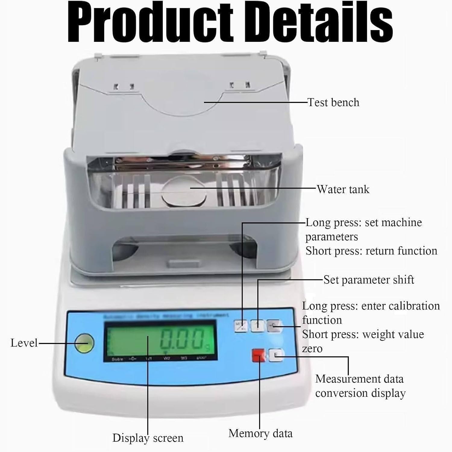 Densimetro per solidi elettronici ad alta precisione, precisione 0,001 G/cm³ con pesi di calibrazione, per parti metalliche, prodotti in gomma, granuli di plastica