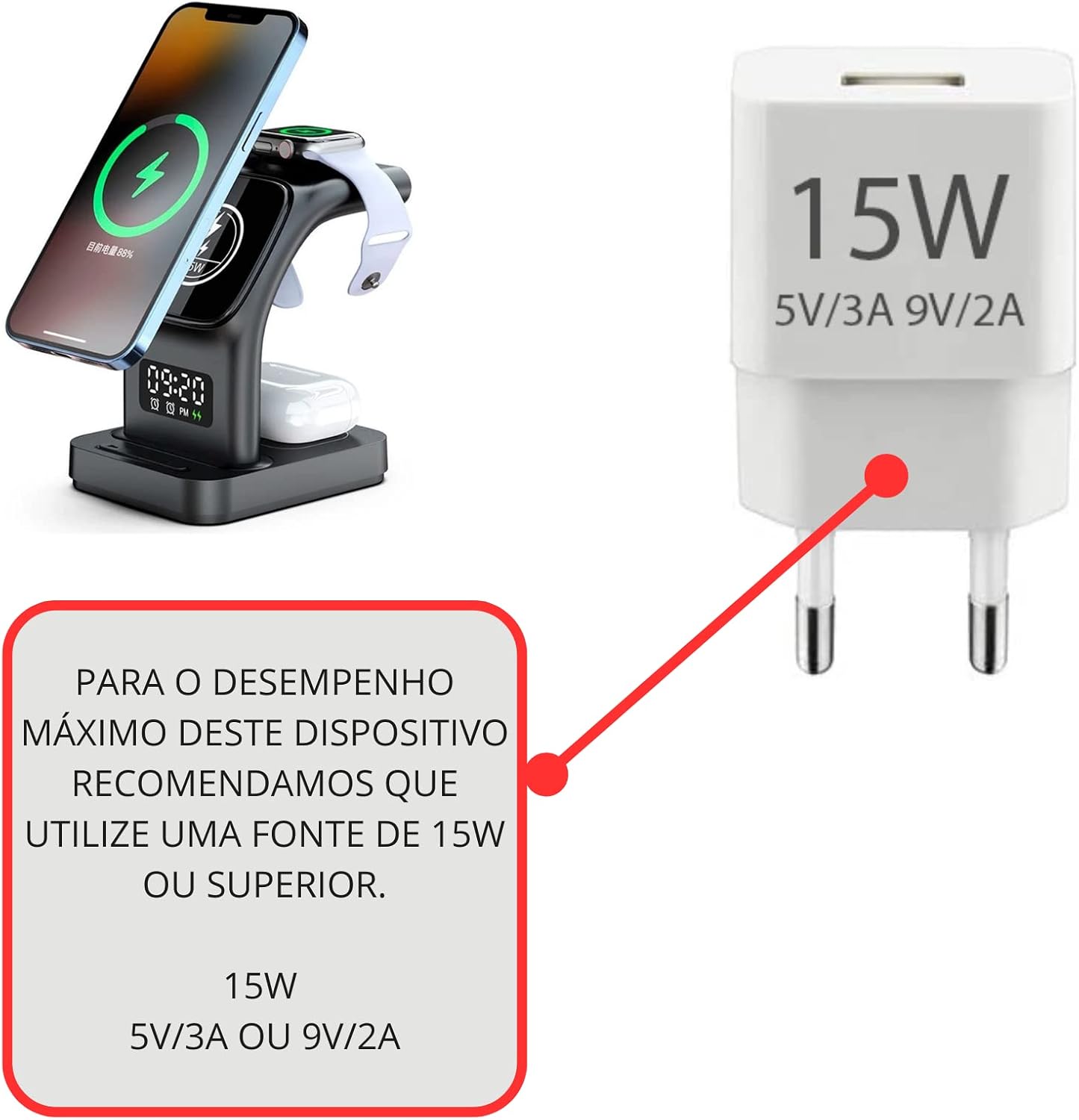 Carregador Sem Fio 5 Em 1 Para iPhone, Para Apple Watch e Para AirPods Estação de Carregamento Rápido Com Relôgio, Despertador e Luz Noturna (Preto) Carregador Sem Fio 5 Em 1 Para iPhone, Para Apple Watch e Para AirPods Estação de Carregamento Rápido Com Relôgio, Despertador e Luz Noturna (Preto)
