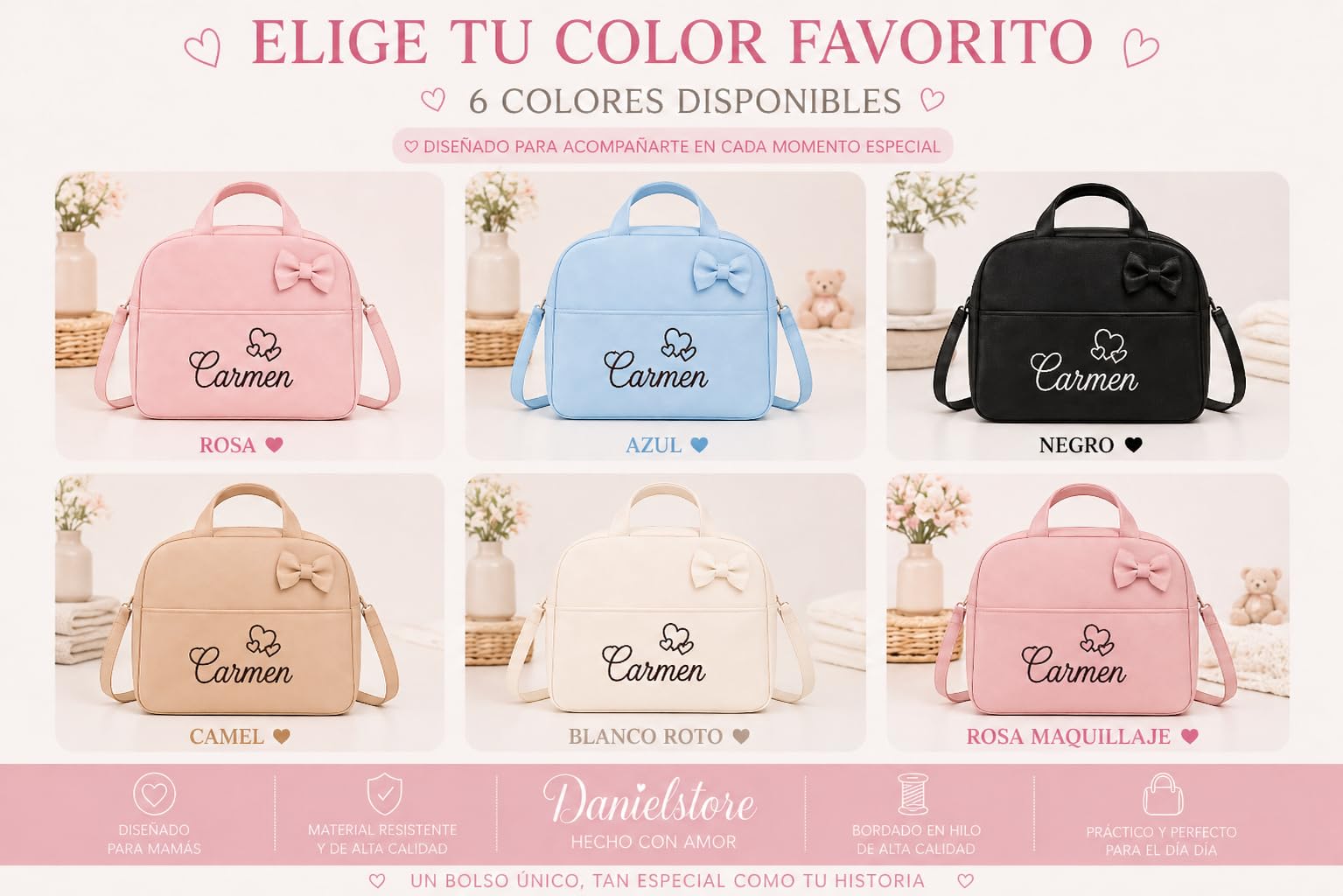 Danielstore - Bolso Maternidad Personalizado | Organizador Pañales | Asa Colgar al Hombro | Compatible Carrito Bebe | Fácil Limpieza, Rosa, 1 Unidad, Polipiel