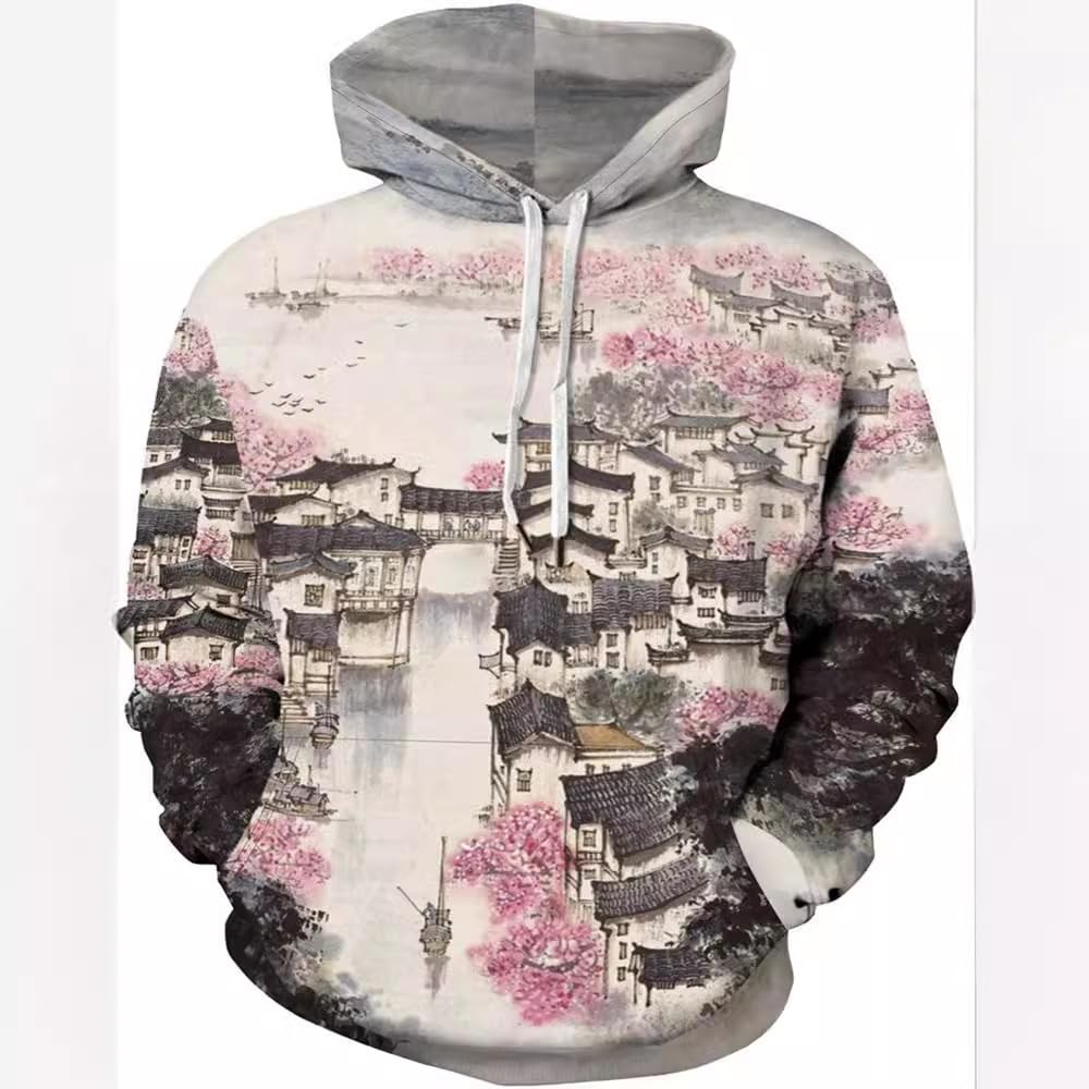 Męska bluza z kapturem z nadrukiem kwiatu śliwy krajobraz luźny krój casualowa bluza