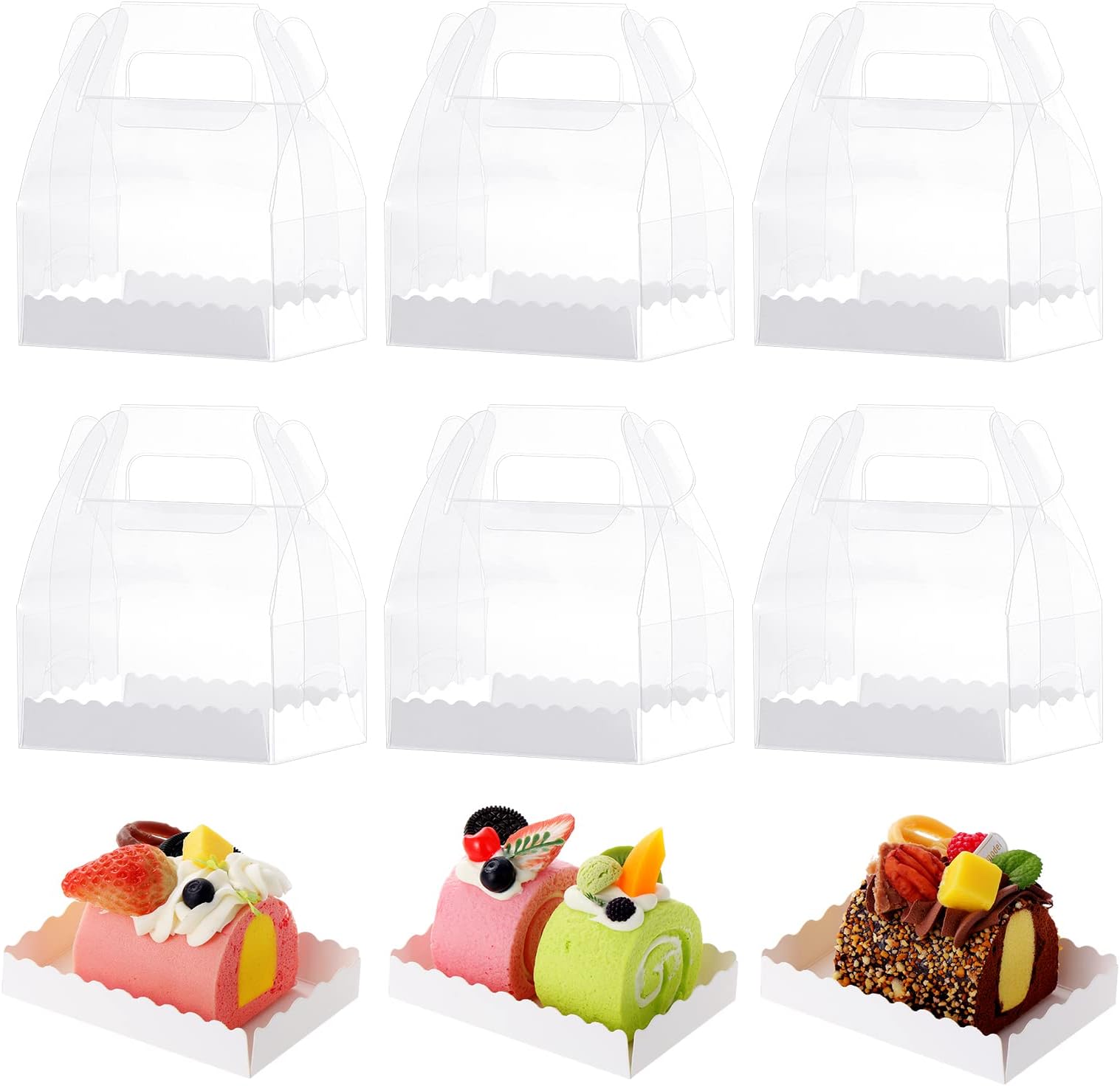 Fippy 20PCS Transparent Cake Boxes with Handle 12 x 8 x 6cm, Plastic Swiss Roll Mousse Cake Boxes Dessert Boxes, Clear Gift Cake Boxes for Wedding Birthday Party Pastry