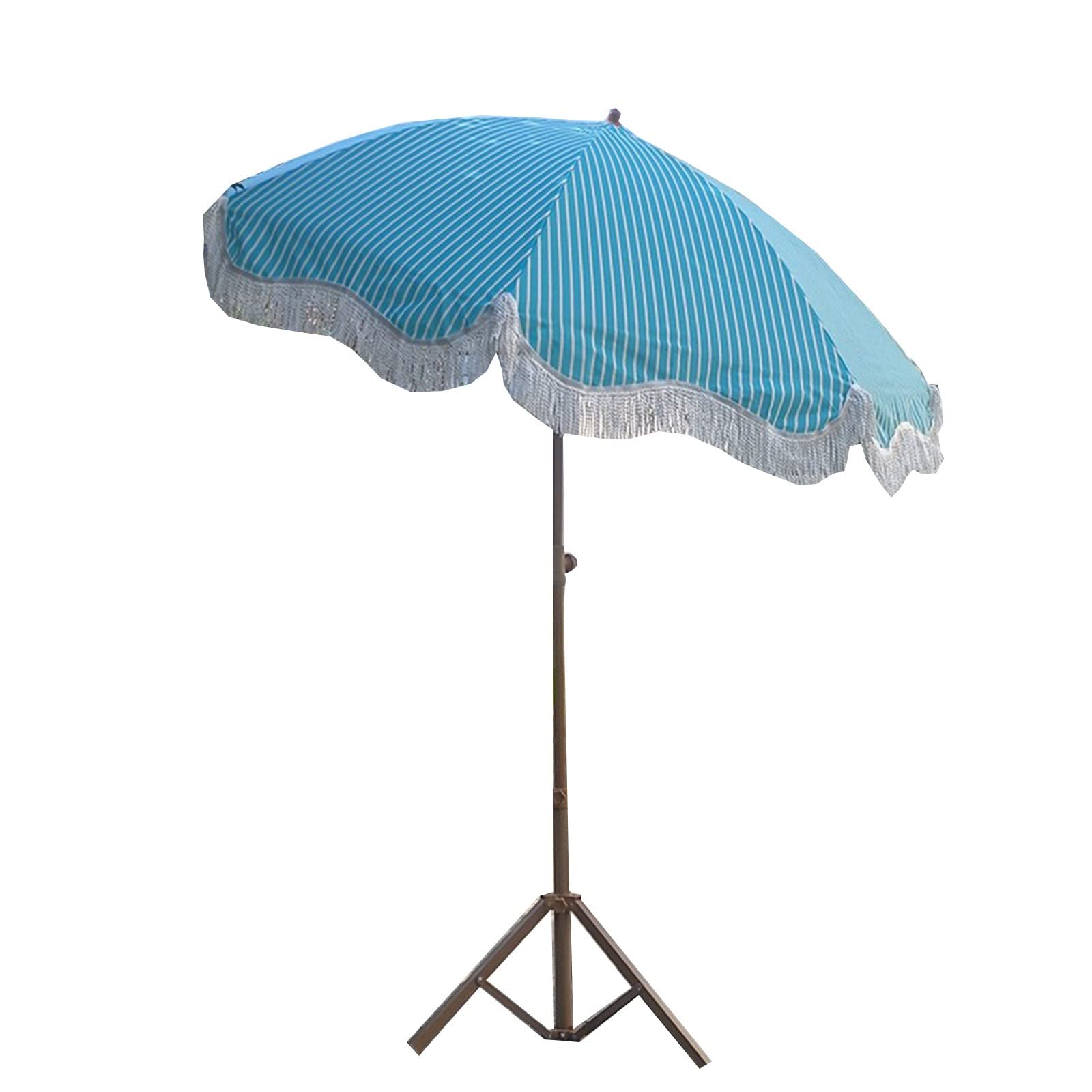 Zewnętrzny parasol plażowy chroniący przed promieniowaniem UV, duży, 2 m, niebieskie paski, regulowany kąt 8 ząbków, lekka koronka z frędzlami, z torbą do przenoszenia, klosz balkonowy