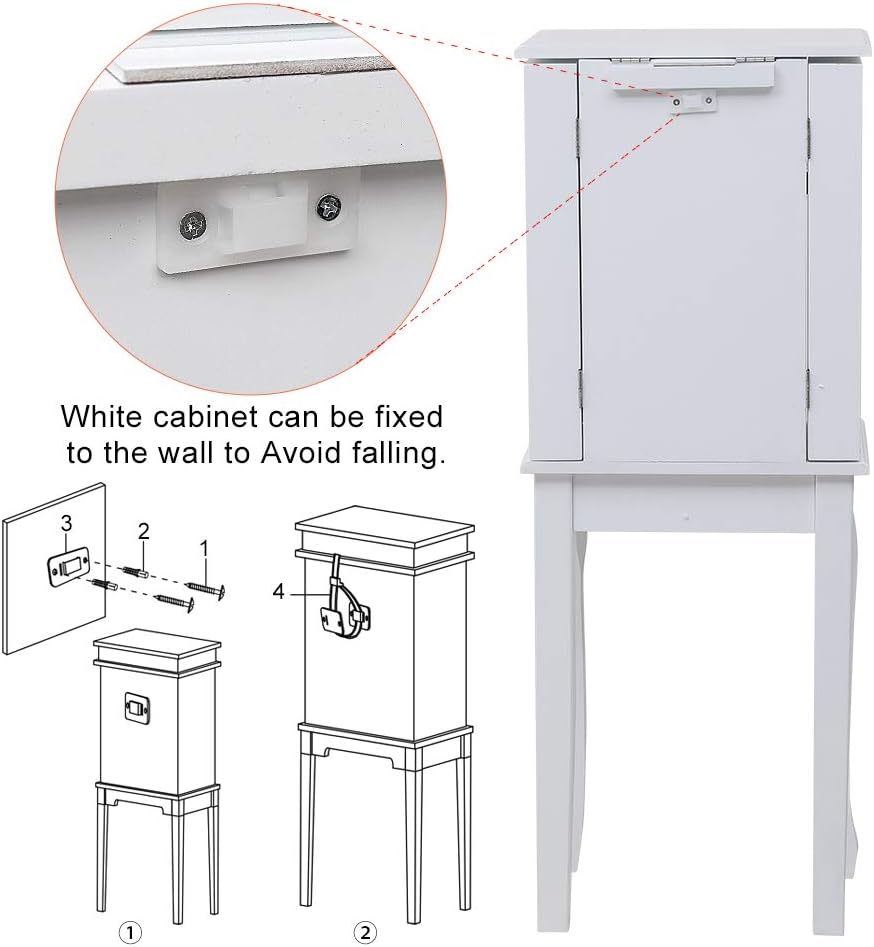 Karl home White Jewelry Armoire With Top Flip Mirror and Storage Organizer, Standing Jewelry Cabinet With 5 Grey flannel Drawers, 2 Side Doors and 4 Solid Wood Legs