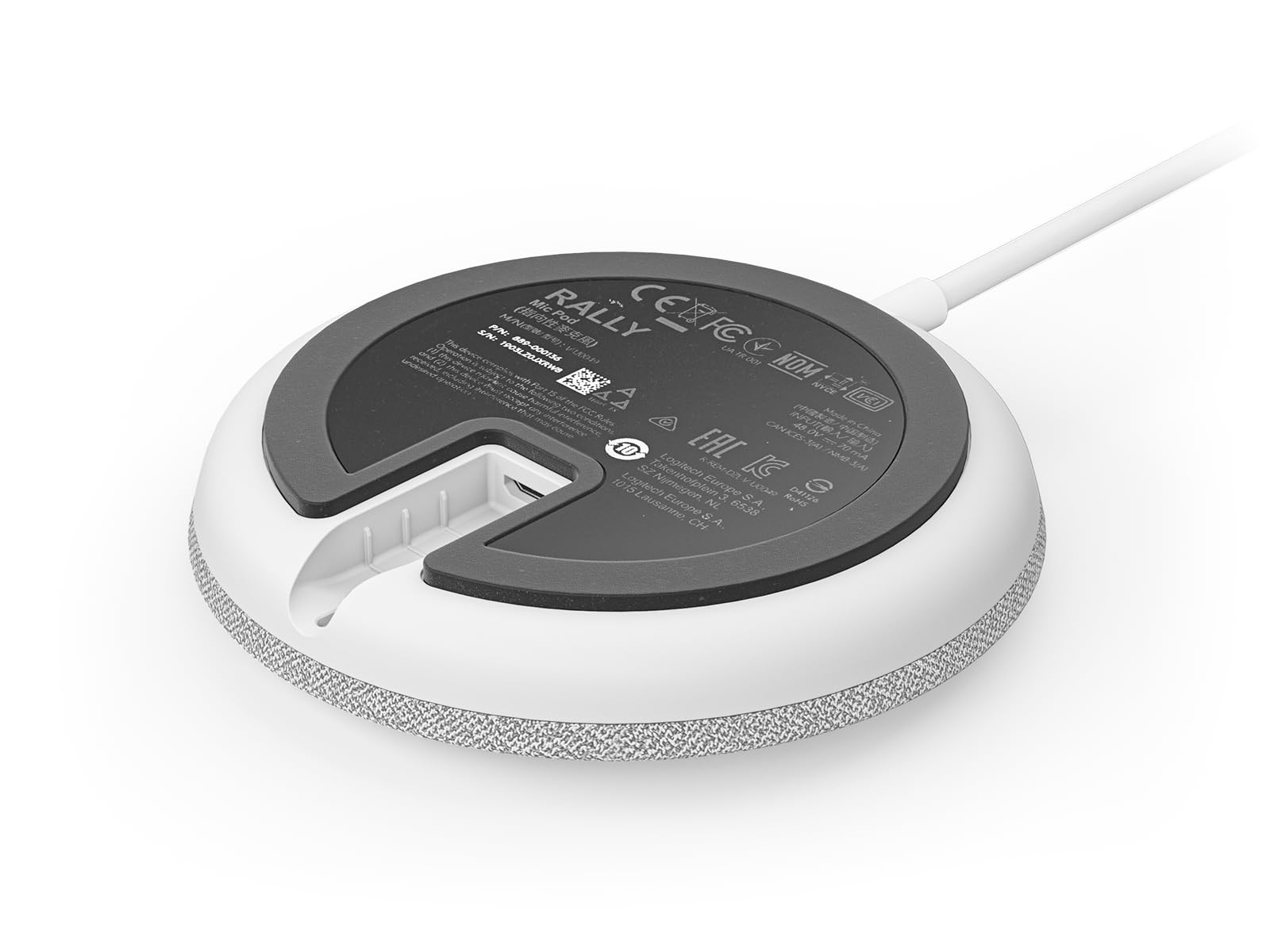 Logitech Rally Mic Pod – Quatre microphones omnidirectionnels de formation de faisceau, filtre AI, détecteur d'activité vocale, annulation d'écho acoustique, chaînable, câble de 2,95 m, blanc (952