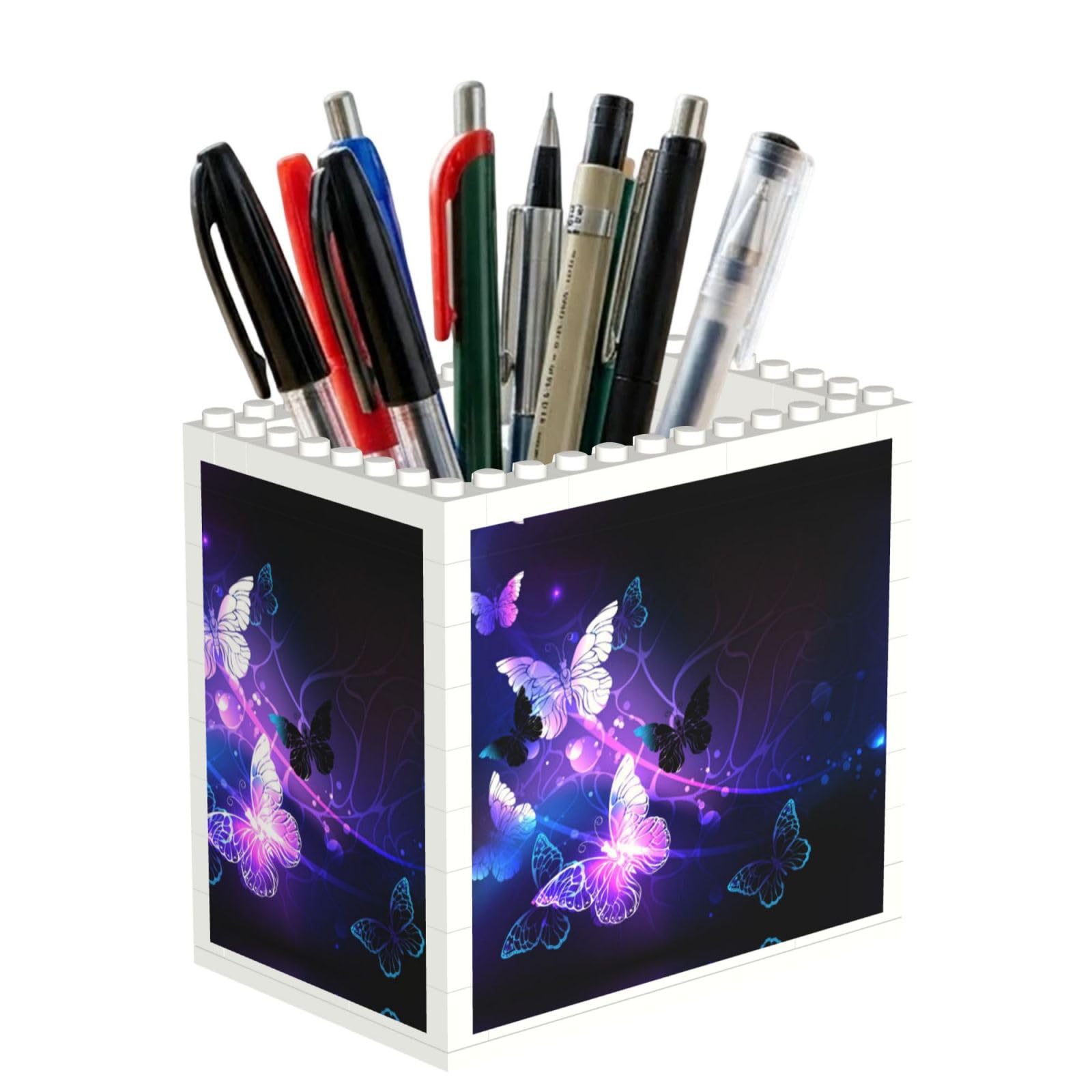 SATUSA White Butterfly Print Building Block Texture Pen Holder - Pencil Holder For Desk Pen Organizer,Aesthetic Desk Accessories For Women(1pcs)