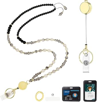 Lanyards for ID Badges and Keys,Natural Stone Beaded Teacher Lanyard for Women,Retractable Lanyard with ID Holder Cute Lanyards for Teachers Black