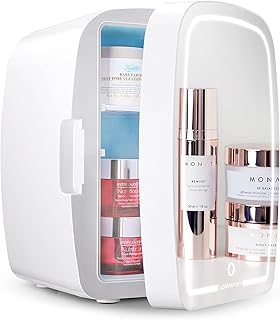 Upstreman Mini réfrigérateur portable 6L Cosmétique avec miroir, 3 niveaux de lumière LED réglable, 28 dB, silencieux, pour chambre, bureau, voiture, voyage
