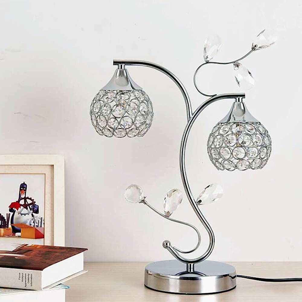 Mengjay Lampada da tavolo in cristallo Elegante lampada da comodino con paralume in cristallo argento Lampada da comodino decorativa E27 Lampada da Notte per camera da letto Soggiorno