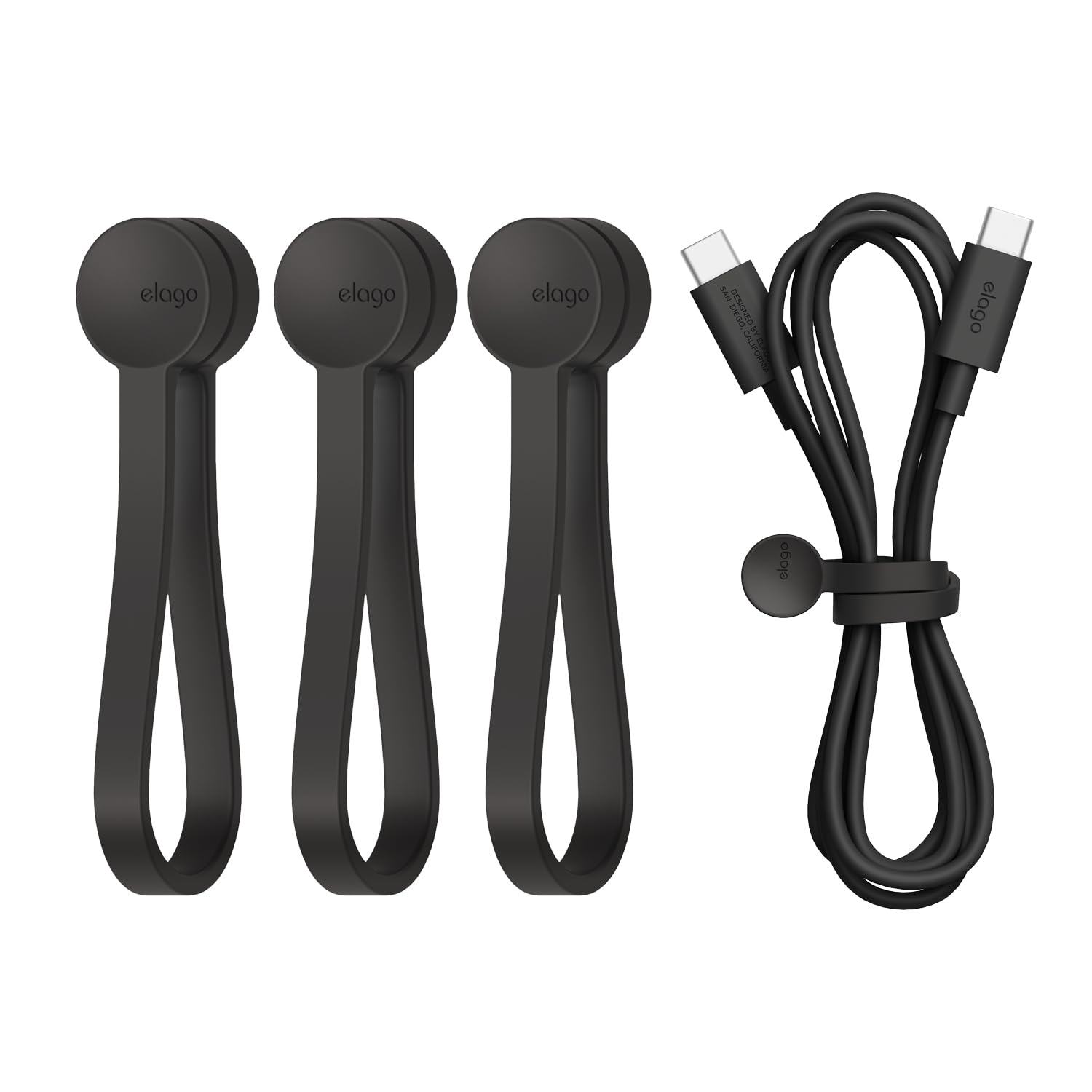 Elago Black 3 Pack Magnetic Cable Ties, Premium Silicone Cord Organizer, Reusable Magnetic Cable Organizer (Black)