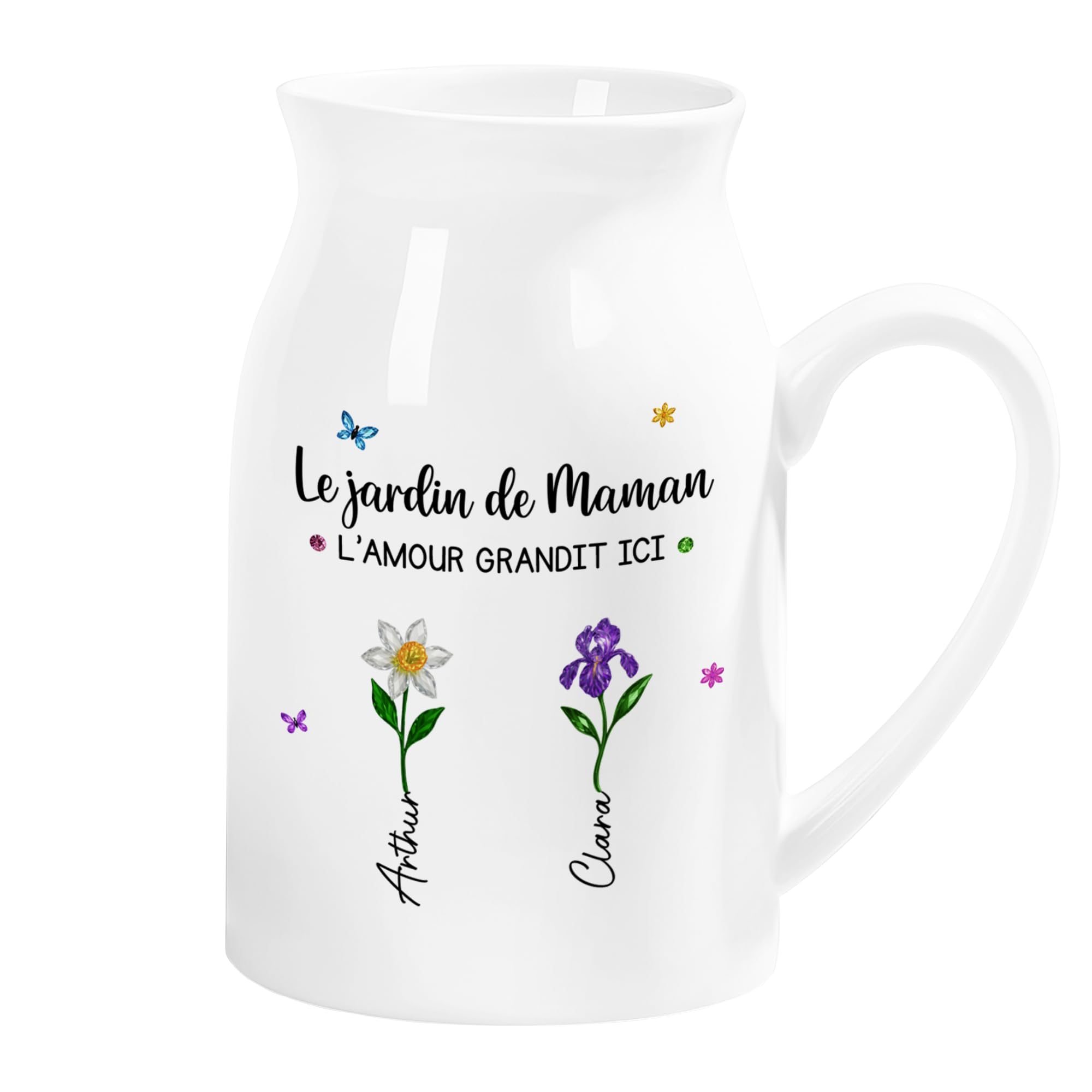 Vase fleur personnalisé mamie pour fête des mères avec deux prénoms d'enfants