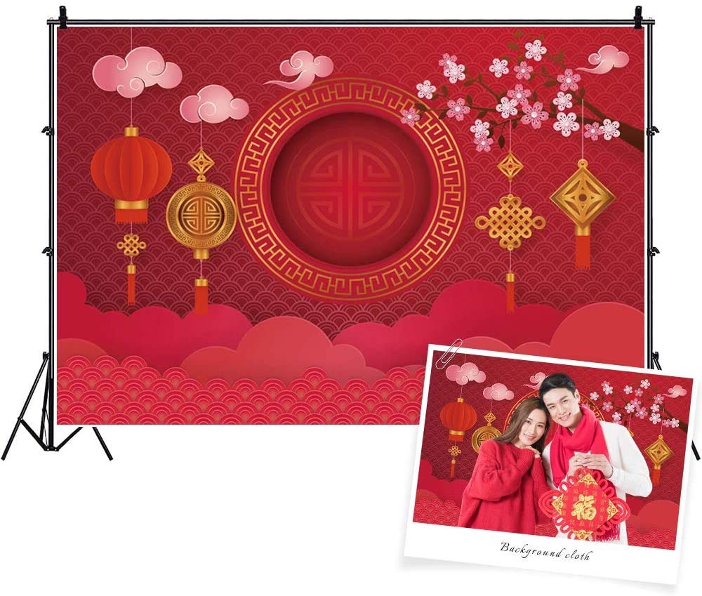YongFoto 10x9ft Chinese New Year Backdrop Red Lantern Chinese Knot Background for Photography Red Wall Plum Blossom Decor Festival Celebrate Family