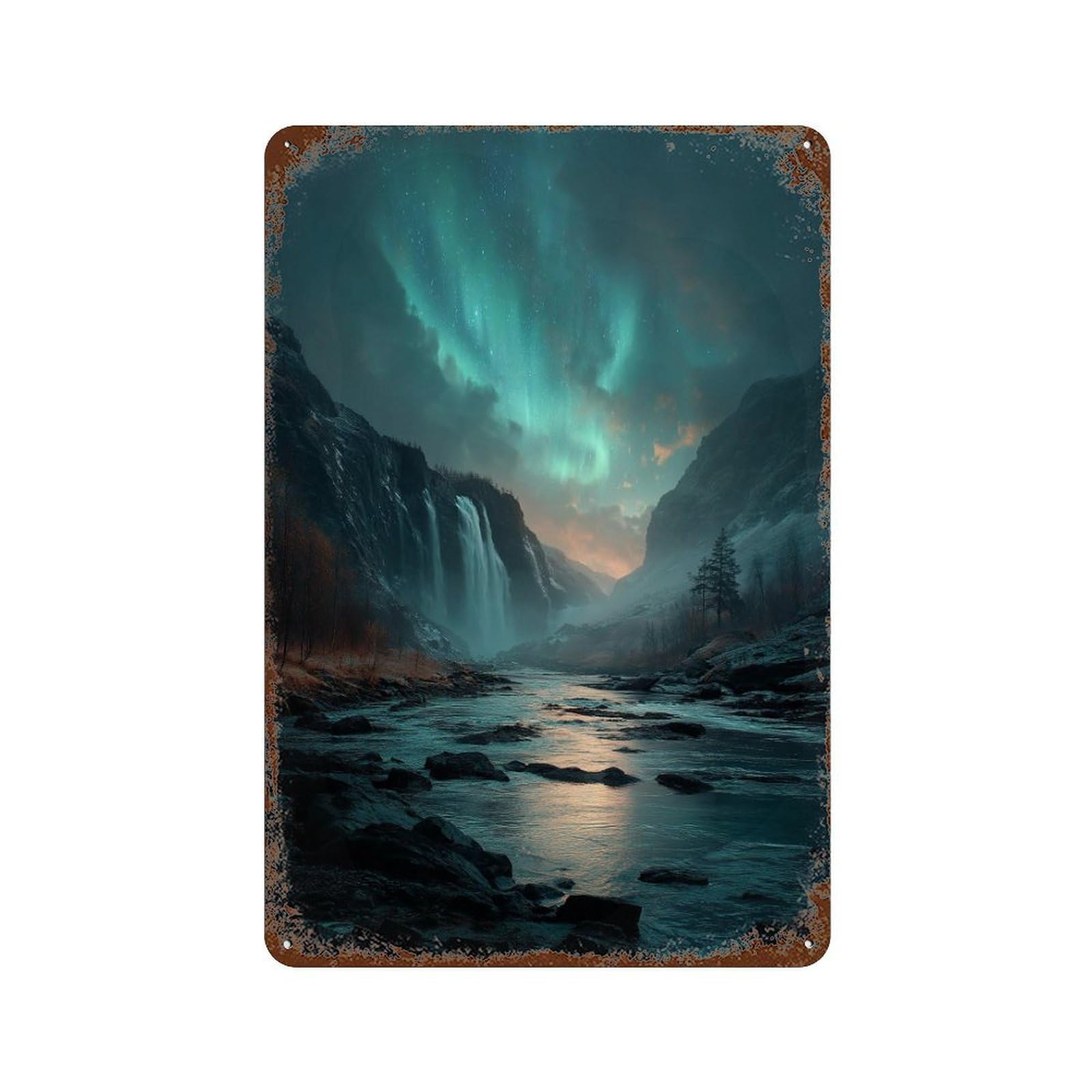 Aurora Borealis Waterfall Scene Rusty Metal Tin Sign 11.8"x7.9", Industrial Home Decor for Garage, Pub Or Kitchen