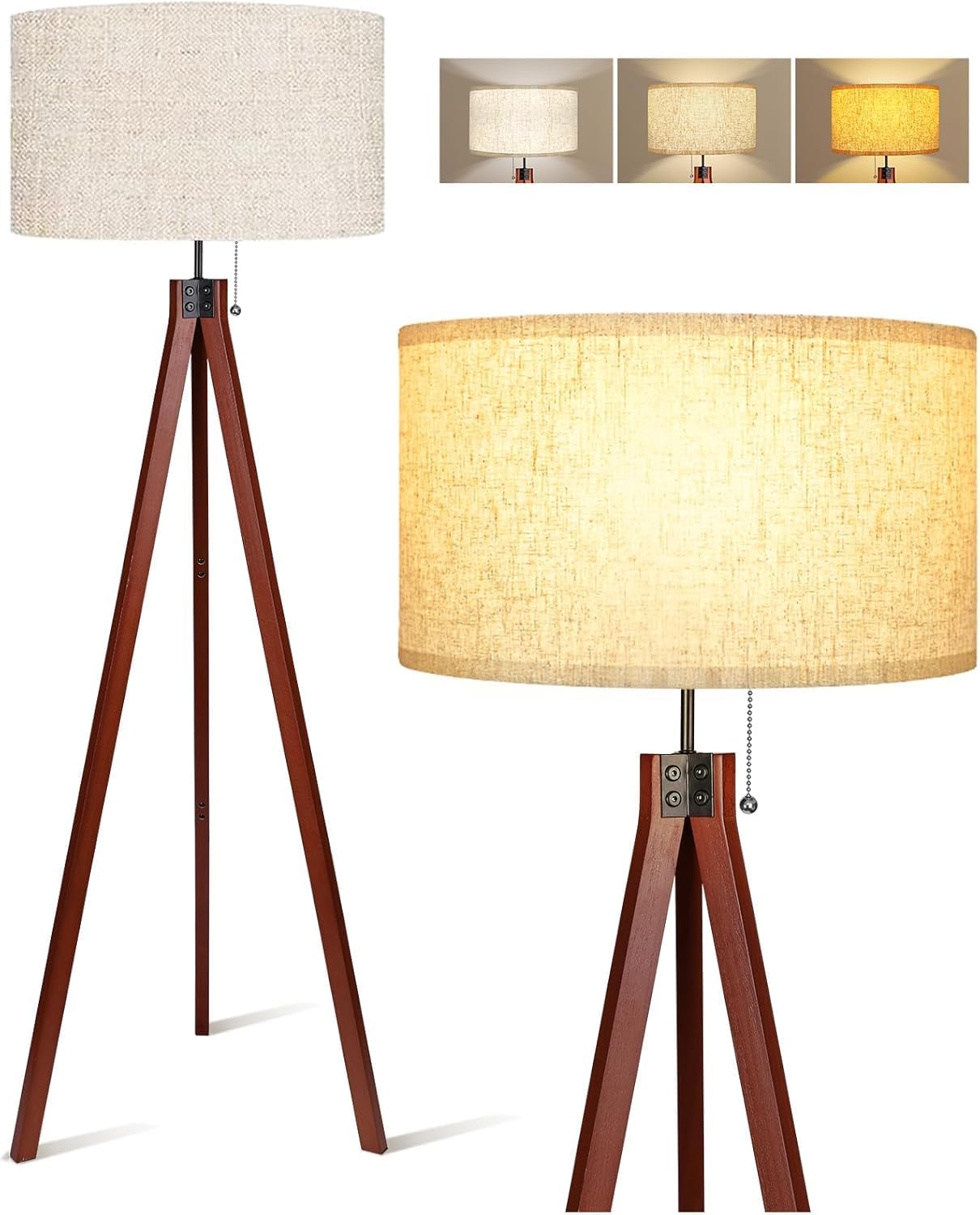 Wood Tripod Floor Lamp, Mid Century Standing Lamp with Pull Chain Switch, Modern Design Studying Light with Linen Shade, Solid Wood Tripod Light with 3 Color Temperature for Living Room