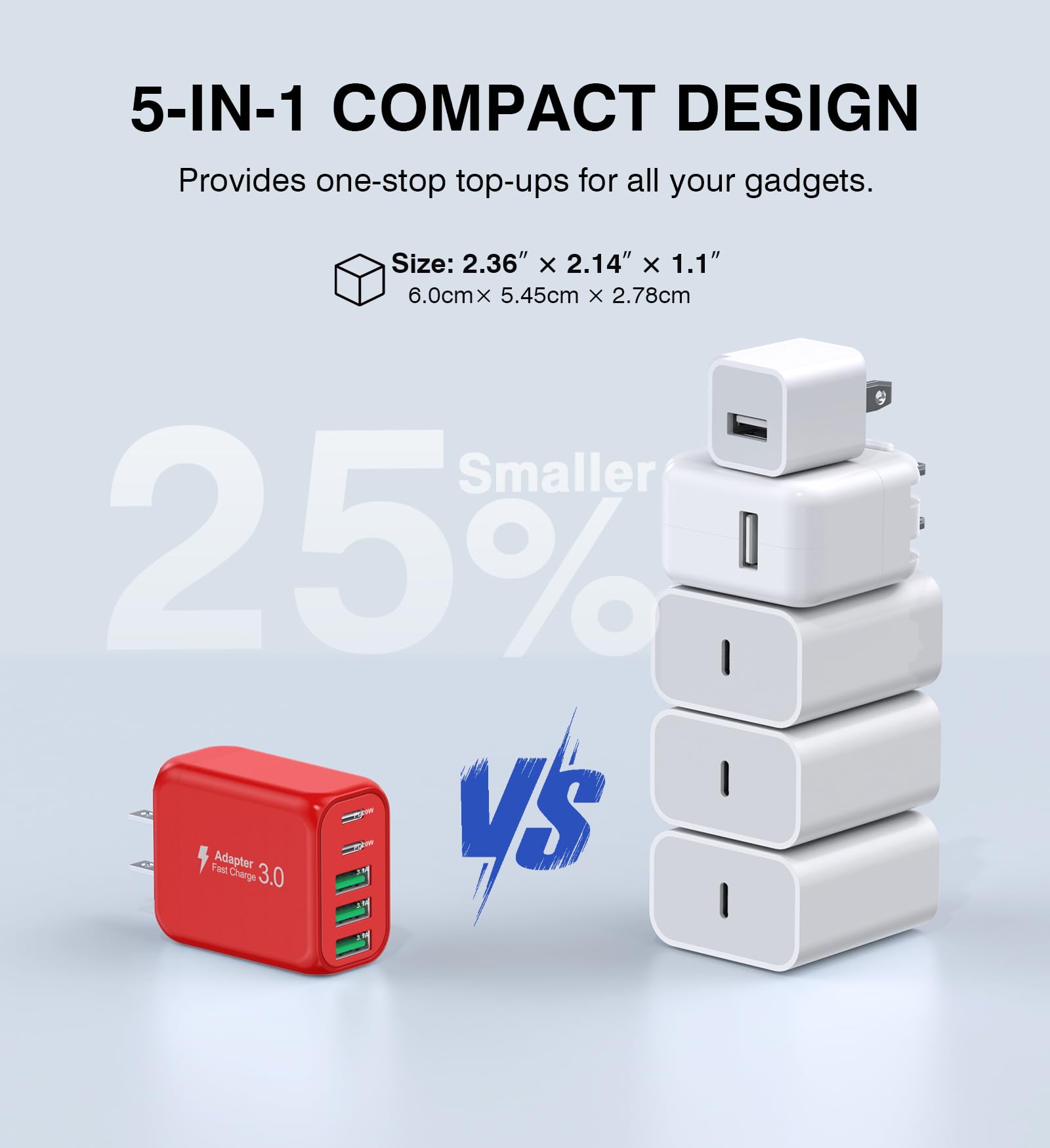 Chargeur mural USB C 50 W, lot de 2 chargeurs C à 5 ports, adaptateur secteur PD à charge rapide + QC 3.0 multi-ports de type C, boîte de brique, cube USB A, prise murale pour
