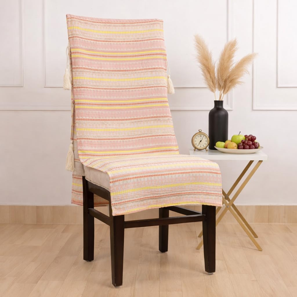 STITCHNEST Pack of 4 Woven Chair Covers – Multicolor Striped Pattern with Tassels – Washable Decorative Fabric Protectors for Dining Chairs & Living Room5-image-1