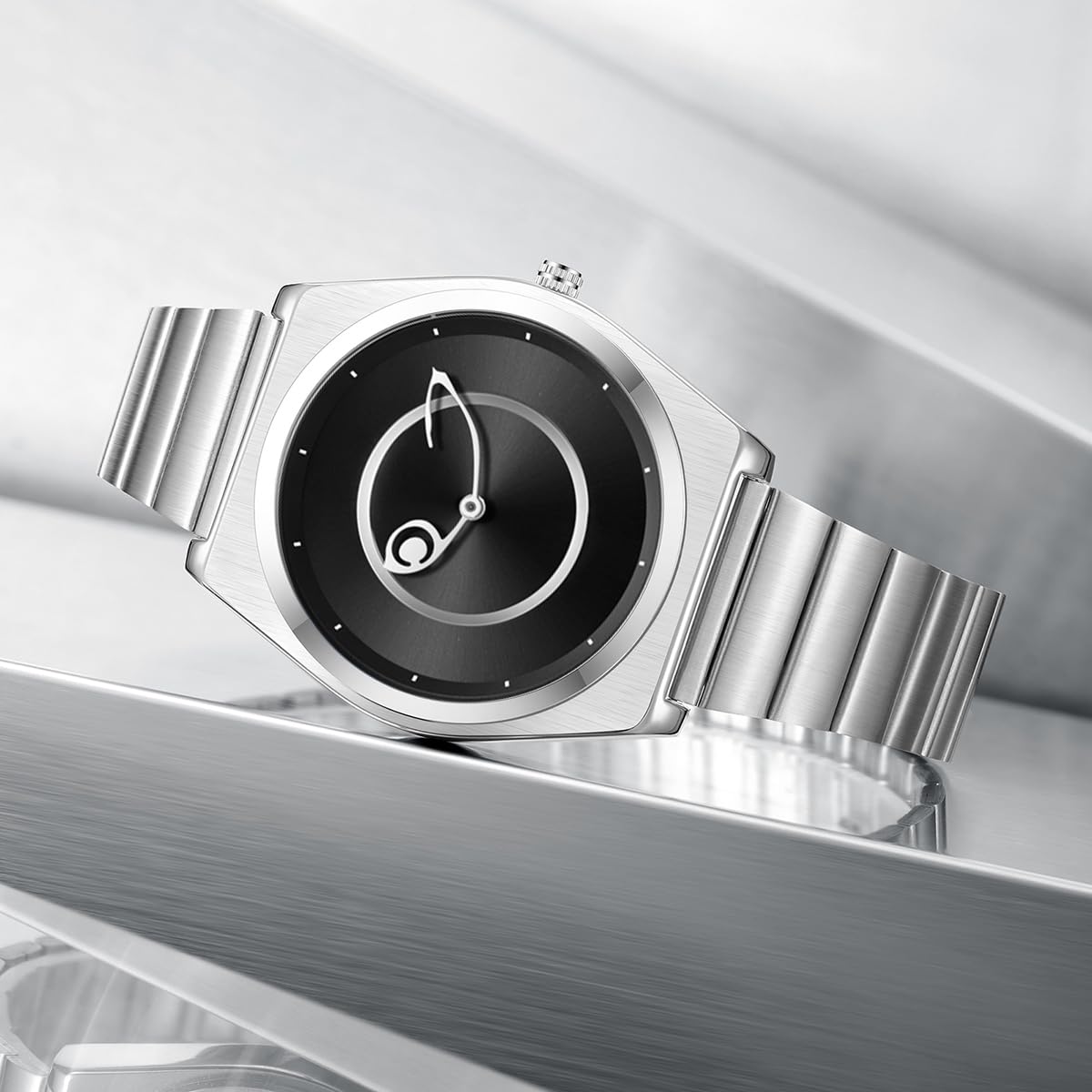 PINTIME Moderne Edelstahl Armbanduhr - Futuristische blaue Zifferblatt Uhr für Herren mit asymmetrischen Zeigern | Minimalistisches Quarzdesign