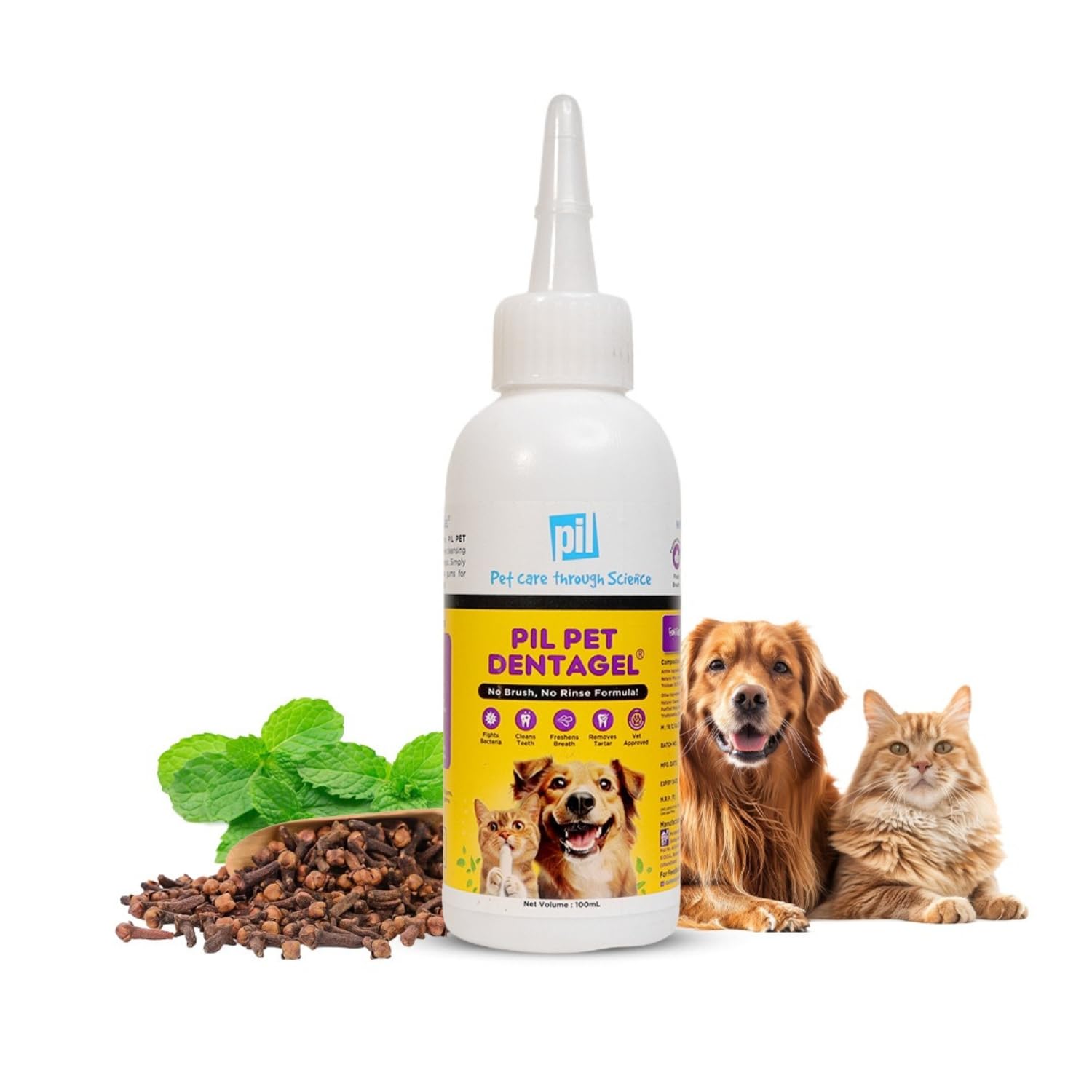 pil Pet Denta Gel Toothpaste for Dog & Cat with Mint, Green Tea Extract & Clove Oil |Fights Gum Diseases, Removes Plaque & Controls Bad Breath| Squeeze Only- No Brushing, No Rinsing (100Gm).