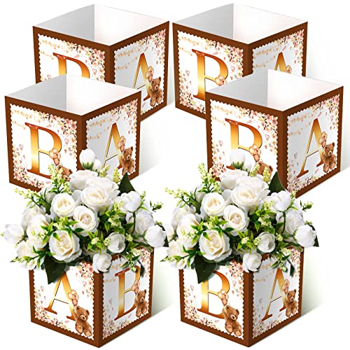 Image of Bucherry 6 Pcs Baby Shower Centerpiece Boxes with 'Baby' Letters Flower Boxes Tables Decoration for Girl Baby Shower, Birthday, Gender Reveal Party Favors(Brown,Brown Bear)