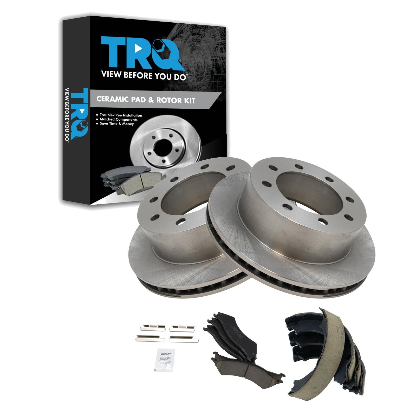 TRQ Rear Brake Pad and Rotor Set Ceramic Parking Shoe Compatible with 1999-2002 Ford E-250 Econoline 2003-2004 E-250