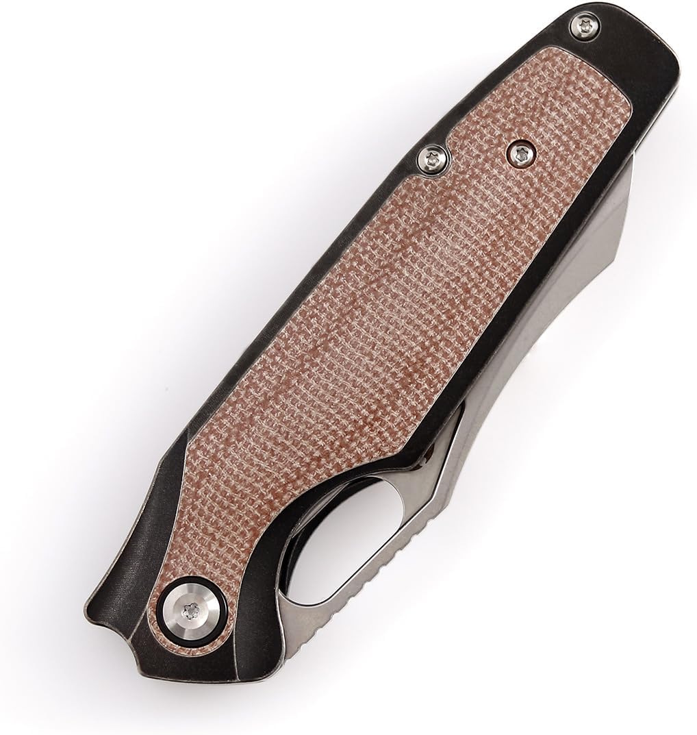 KANSEPT Tuckamore Camping Pocket Knives for Men 8.12in Folding Knives with 3.54in Stonewashed CPM 20CV Material and Black Stonewashed Titanium Brown Micarta Handle for Outdoor, Tactical, Survival K1052A4