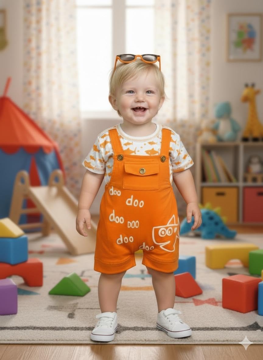 A.T.U.N. (ALL THINGS UBER NICE) Baby Boys Cotton Printed Dungaree Set | Soft Breathable Fabric | Adjustable Strap Shorts with Heart Print | Stylish Casual Outfit for Baby Unisex 1