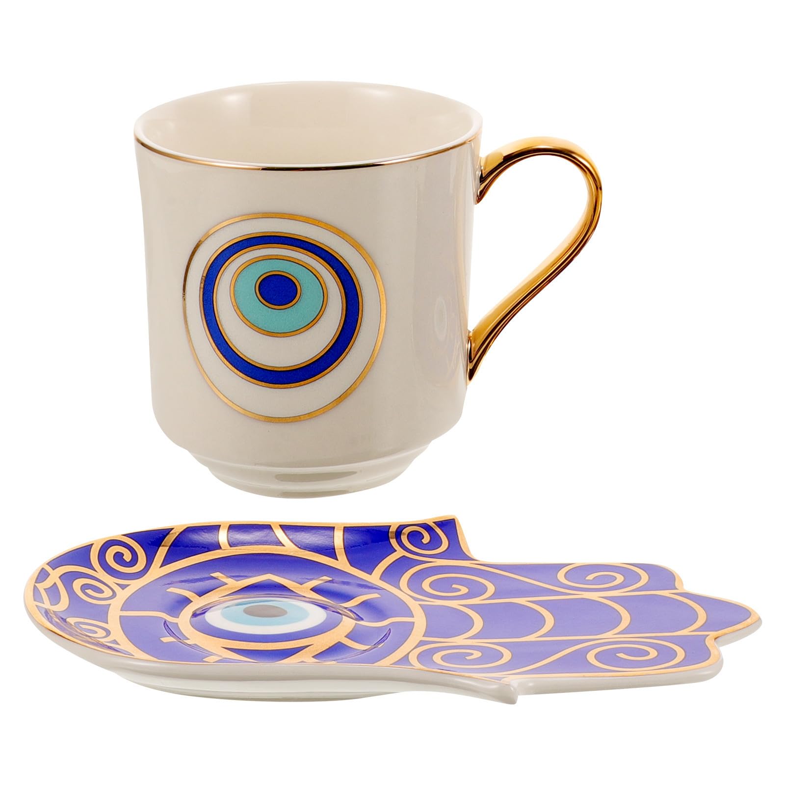 Taza de café de cerámica resistente al lavavajillas con platillo de ojo malvado