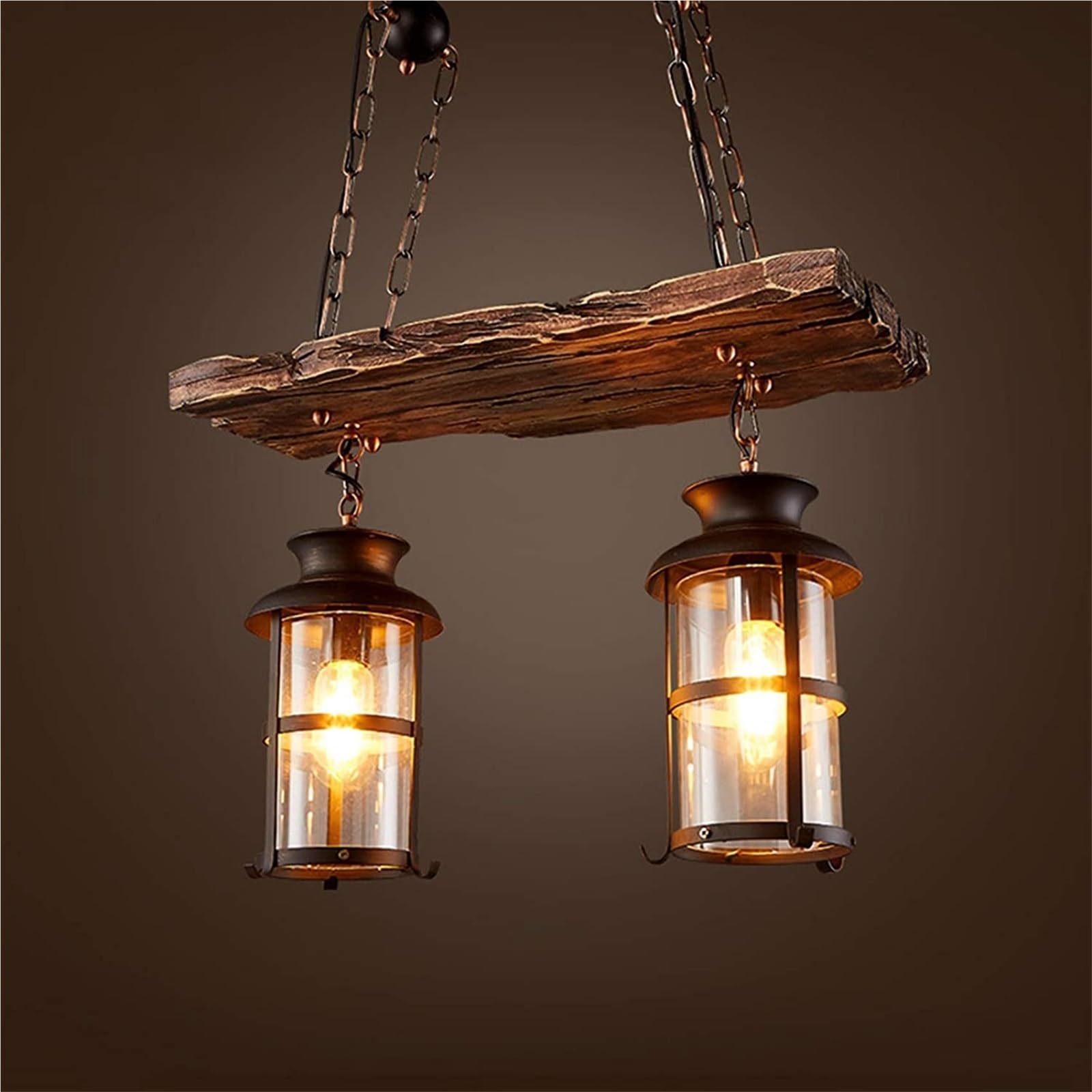 BLOOHK Rustic Wood Pendant Light, 2-Light Industrial Farmhouse Chandelier with Caged Glass Lanterns, Distressed Wooden Beam Linear Hanging Light Fixture