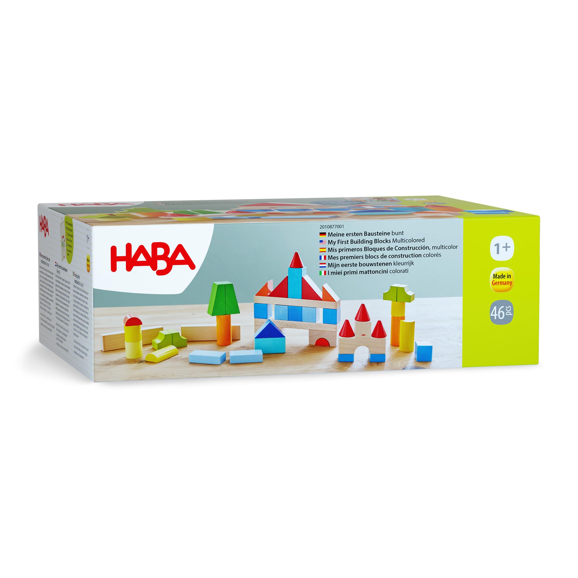 HABA Mis Primeros Bloques de construcción – 46 Bloques de Madera de Colores con Bolsa de algodón – Fabricado en Alemania – para niños a Partir de 1 año – Promueve la motricidad Fina – 2010877001