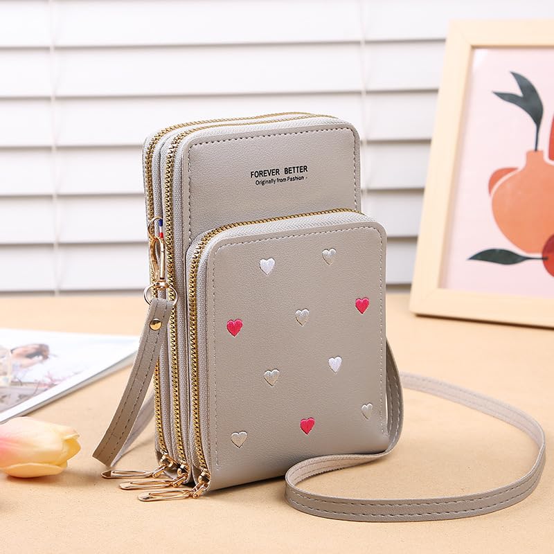 Touch Screen Mobile Phone Bag, Mini Heart Embroidery Crossbody Bag, Multi-Layer Shoulder Coin Purse Valentine's Day gift