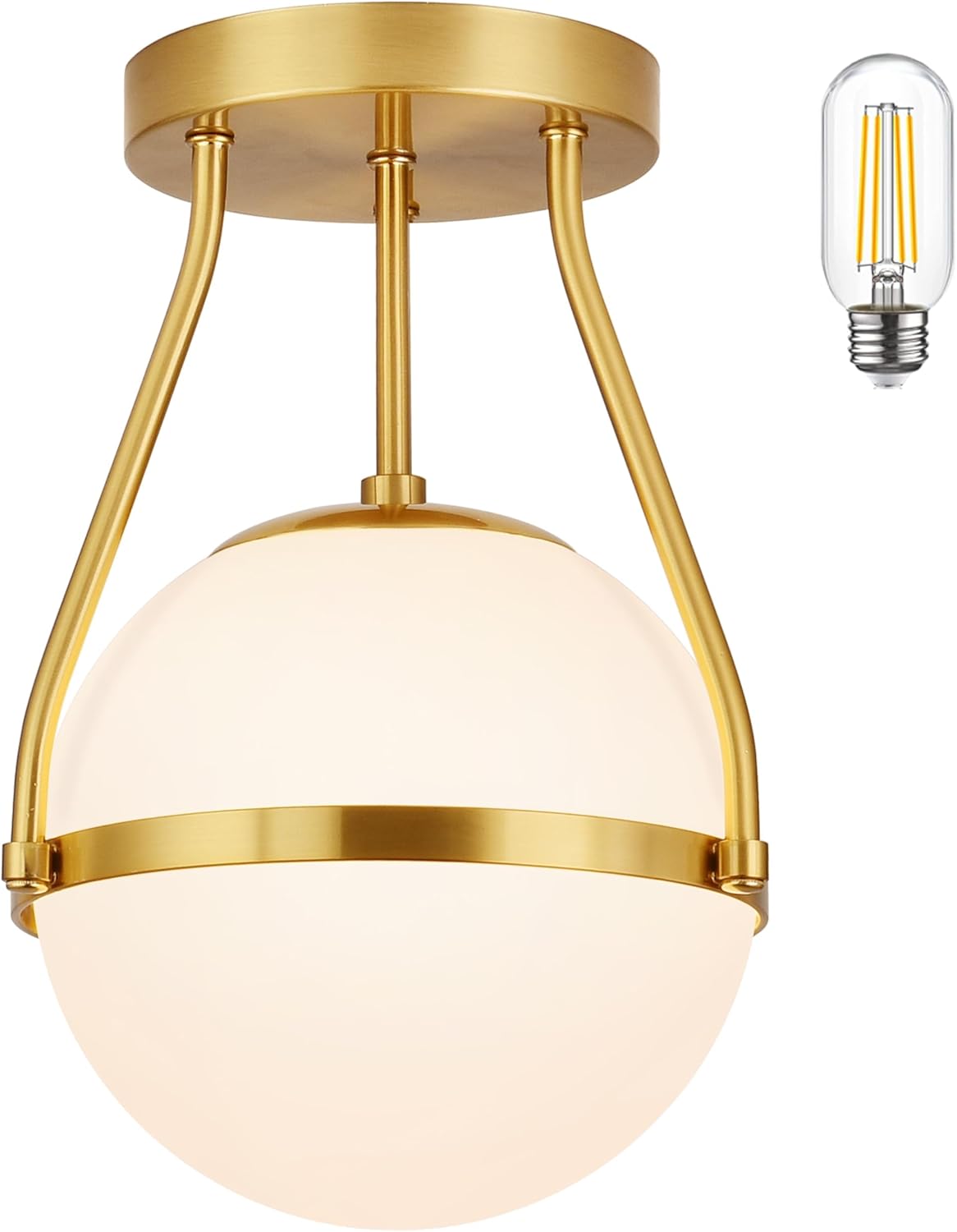 8 Inch Mid Century Ceiling Light Modern Semi Flush Mount Ceiling Light Fixture Globe Ceiling Light Fixture with Milk Glass Shade Brass Finish for Kitchen Island Hallway Living Room (Bulb Incl.) Gold 8 inch