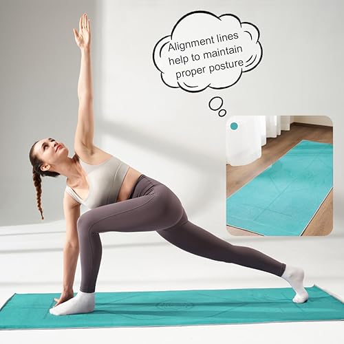 Miniatura 2 de Toalla de esterilla de yoga con líneas de alineación, toalla de yoga antideslizante para yoga caliente, pilates, ejercicio, fitness, lavable a Verde