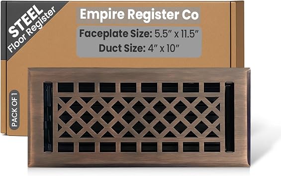Empire Register Co Vent Cover - 4x10 Inches Floor Registers Air Vent Covers for Home Floor, Heavy Duty Walkable Art & Craft Design, Copper Finish Air Vents with Metal Damper Attached Floor Use Only