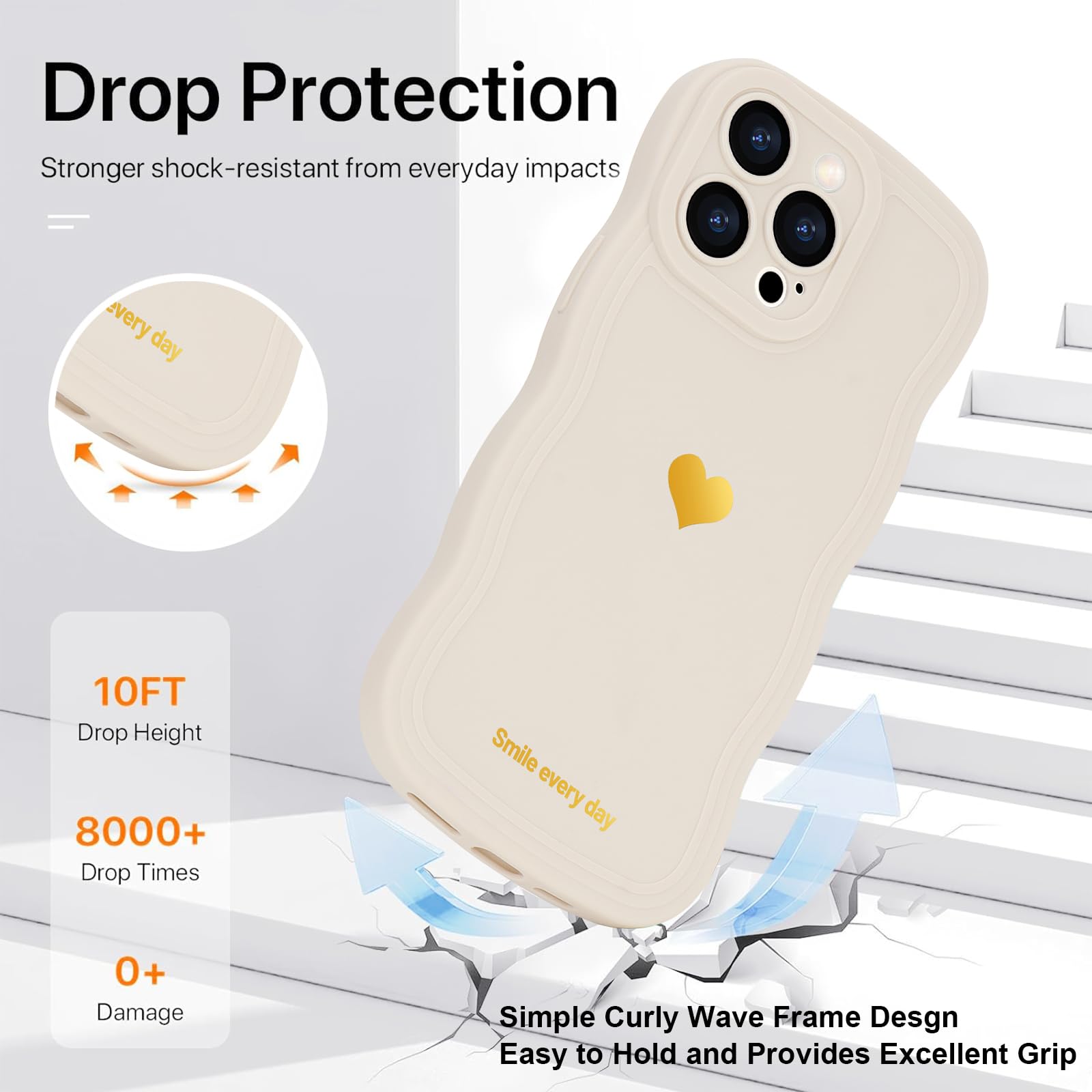 LAPOPNUT for iPhone 15 Pro Max Case,Cute Curly Wave Frame Love Heart Phone Case for Girls Women,Soft Silicone TPU Bumper Shockproof Camera Protective Cover for iPhone 15 Pro Max 6.7 inch,White - Image 4