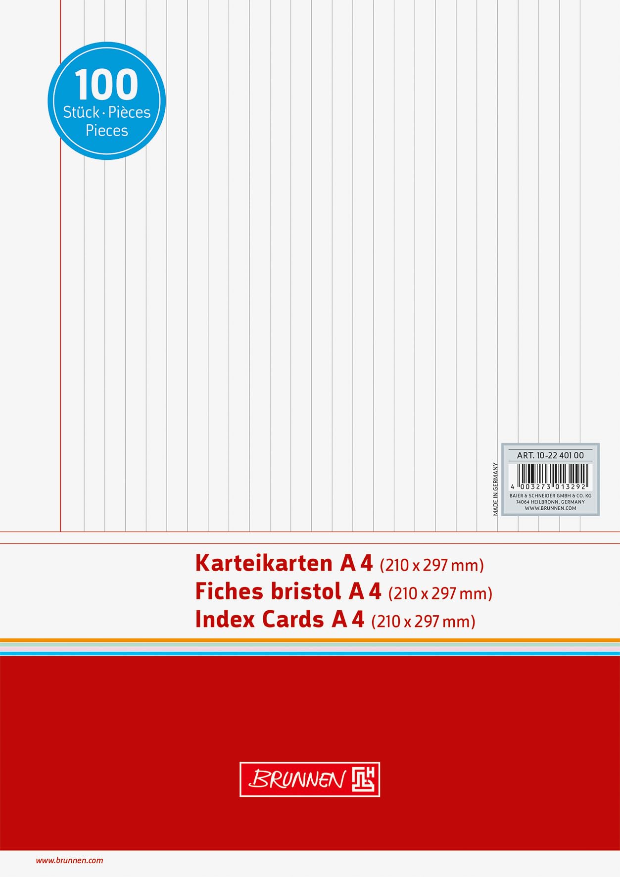 Brunnen Index Cards 180 g/m2 A4 Landscape Lined Shrink-Wrapped Pack of 100 White