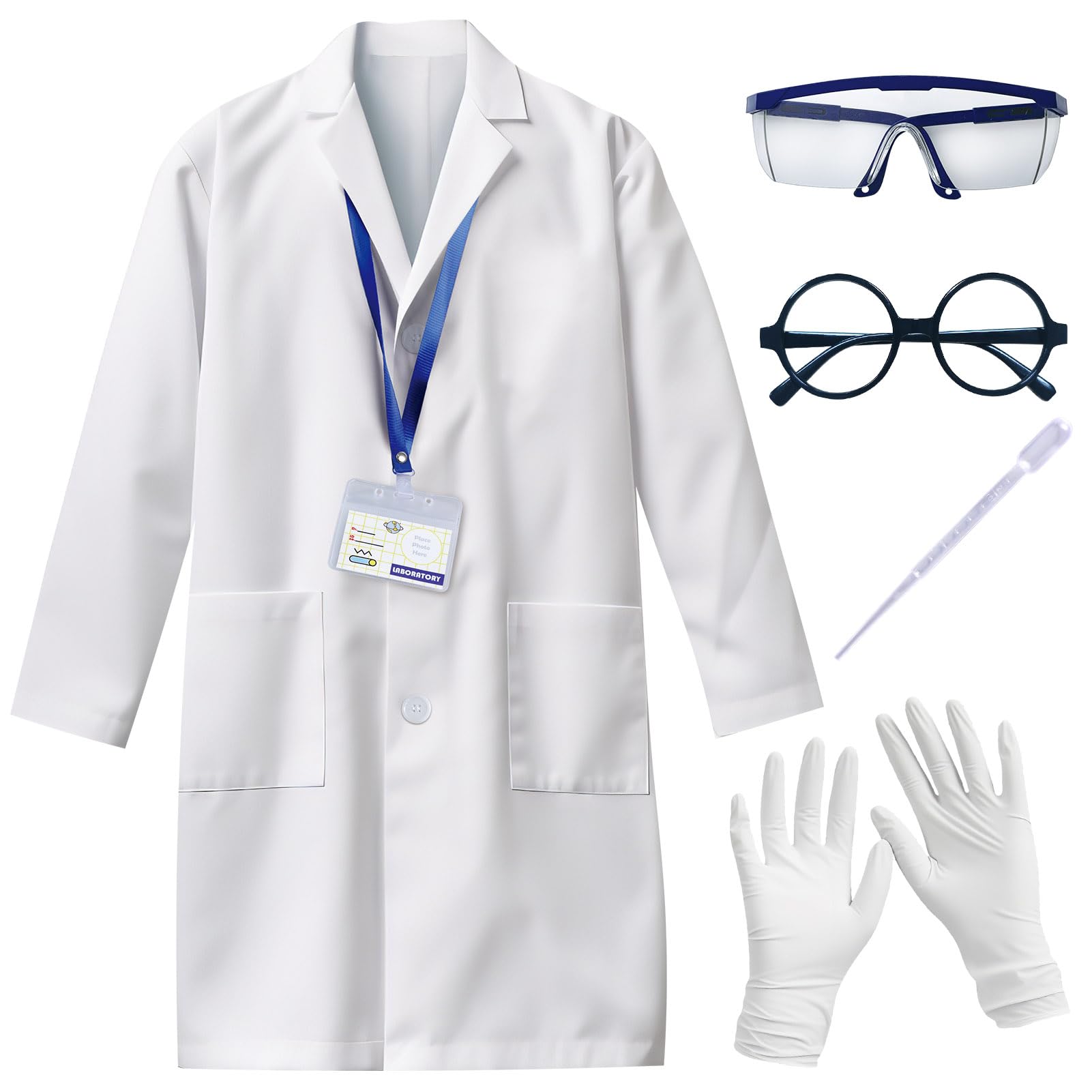 UNGLINGA Kids Scientist Costume Lab Coat Doctor Pretend Play for Boys Girls, with Goggles Glasses ID Card Gloves