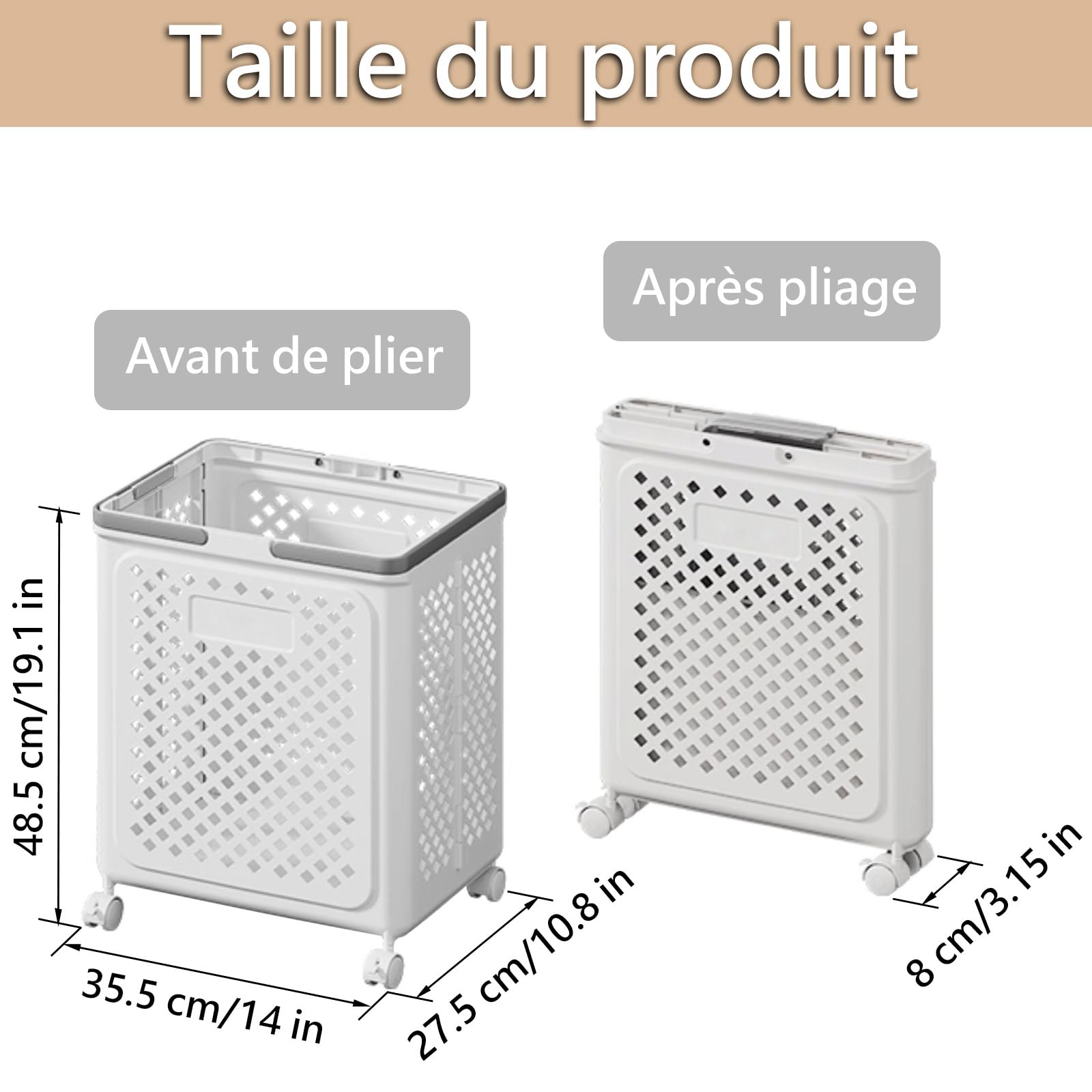 Panier à Linge Pliable avec Roulettes en Plastique | Couleur Blanche, Gain de Place, pour Vêtements Serviettes Jouets, Salle de Bain Buanderie Chambre