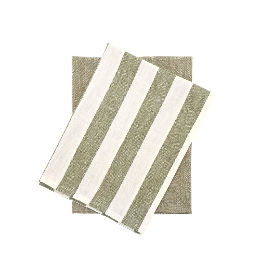 Walton & Co - Wide Stripe Olive 100% Cotton Kitchen Indoor/Outdoor Tableware (Wide Stripe Tea Towel Set of 2: 50cm x 70cm)