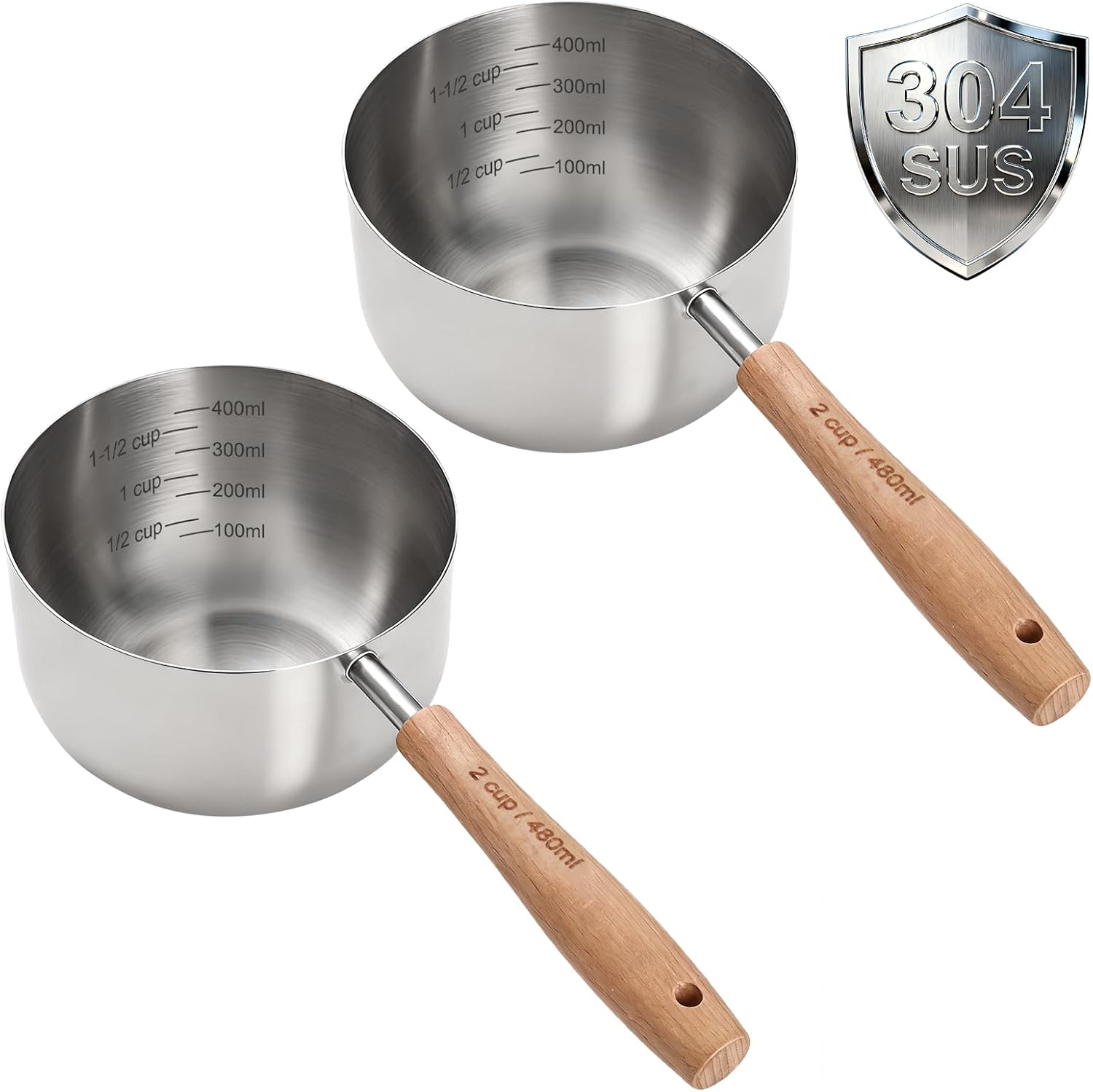 2PCS 2Cup(480ml | 16oz) Dog Cat Food Scoop, 18/8(304) Stainless Steel Measuring Cup with Wooden Handle, Etched Measurements Inside, BPA Free Portion Control for Pets & Kitchen Use