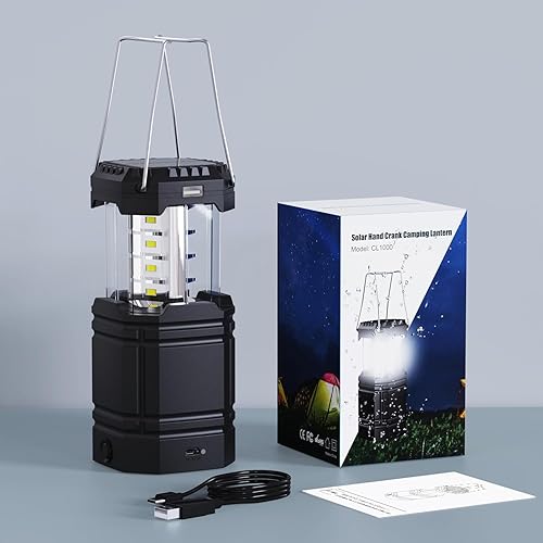 Miniatura 6 de Linterna solar de camping con manivela de mano de gran capacidad de 3000 linterna LED ultra brillante portátil de 23 a 26 horas de tiempo de Negro,