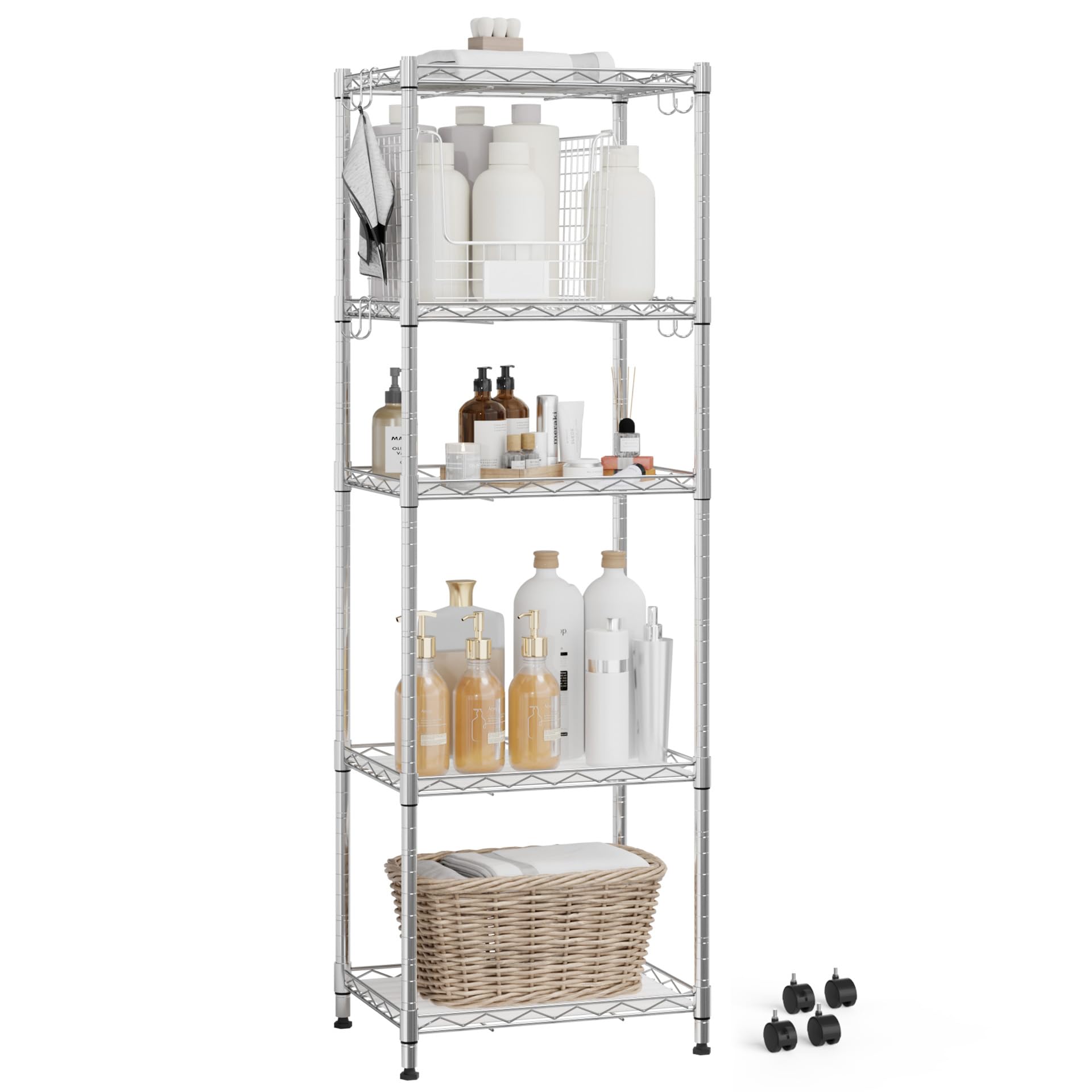 Mondeer Metal Shelving Units 5 Tiers, 4 Wheels 4 Feet and 8 Hooks, Silver