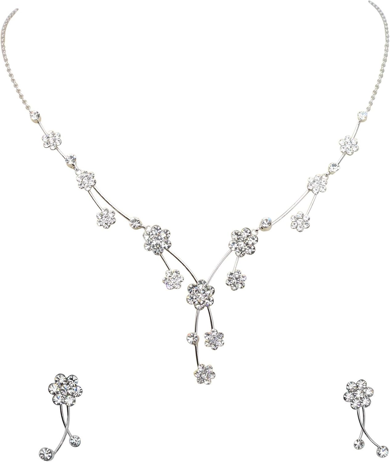Faship Gorgeous Rhinestone Crystal Floral Necklace Earrings Set
