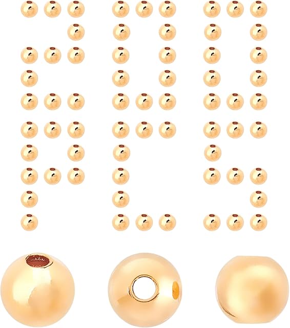CREATCABIN 1 Box 200Pcs Gold Spacer Bead Round Balls Spacers 18K Real Gold Plated Metal Loose Smooth Tiny Charms for Jewelry Making Necklaces Bracelets DIY Crafts Findings Accessory, 4MM