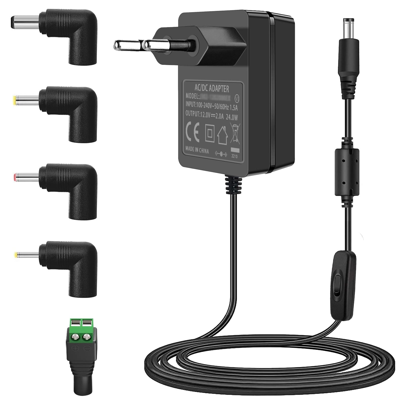 Alimentatore da 12V 2A, AC 100-240V fino a DC 12 Volt Adattatore spina europea, compatibile con strisce LED 5050 3528, sistema di sicurezza CCTV, monitor LCD, con presa DC da 5,5 x 2,1 mm.