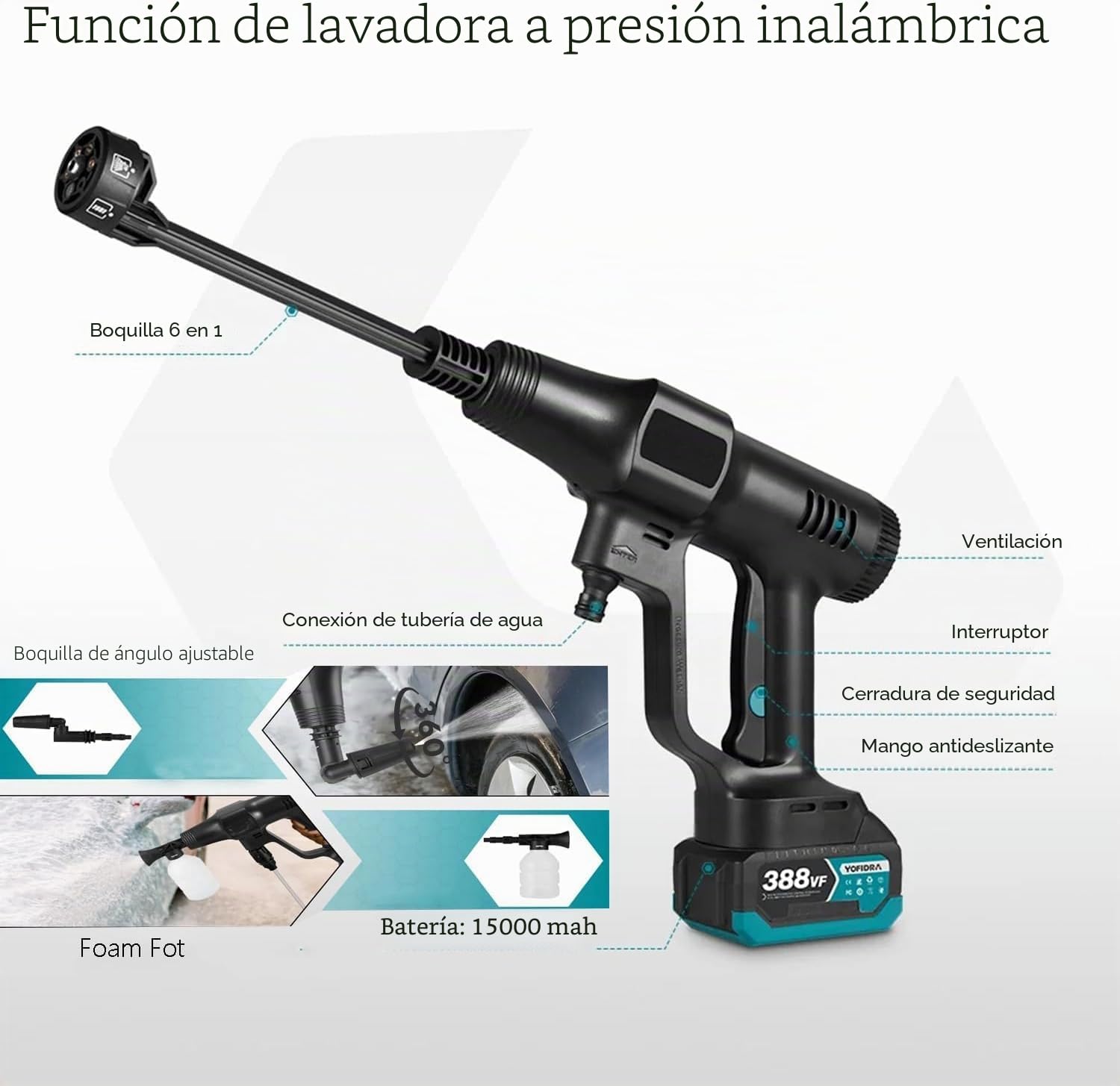 Hidrolimpiadora Bateria de 3 velocidades máx 18V 200 bar/2900 PSI | portatil pistola de agua a presión con Boquilla Ajustable 6 en 1press and clean de para Coche