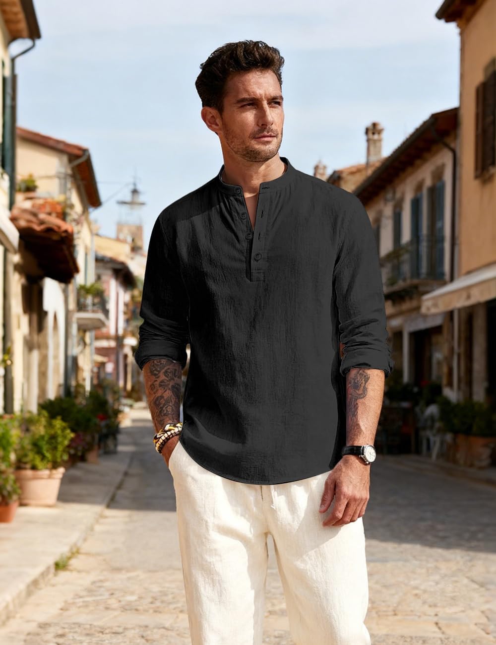 Men's Linen Shirts Henley T-Shirts Long Sleeve Casual Beach T-Shirts Solid Tops Shirts for Men - Image 4
