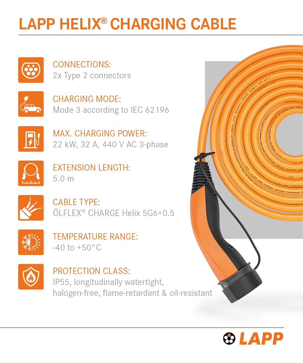 LAPP Mobility Cable Carga Coche Electrico Tipo 2, 22kW, 32A, Autorretráctil, Trifásico, Modo 3 - Cable Recarga EV Rapida - para Casa Wallbox y Estacion De Carga Coche, 5m Naranja