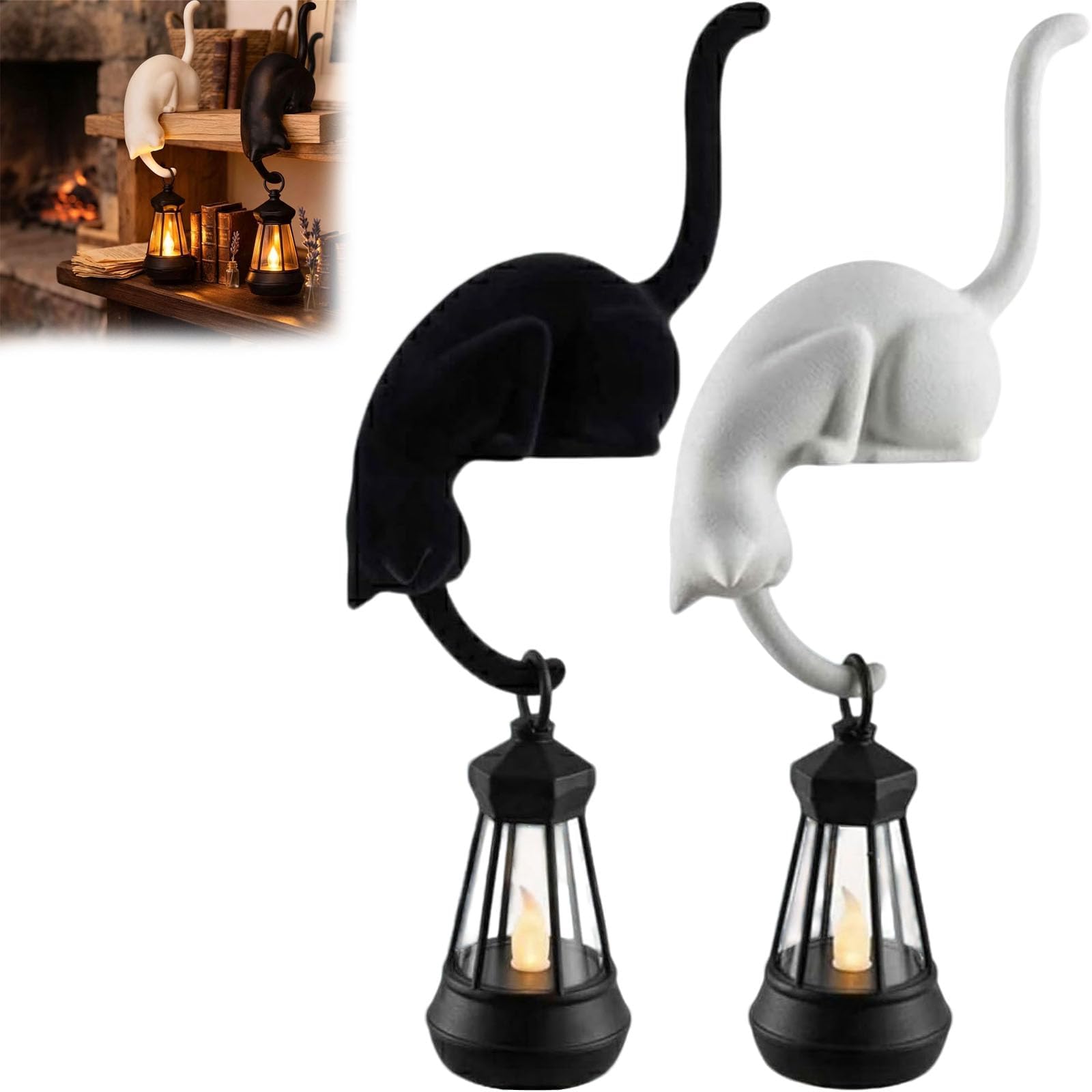 Cat with Lantern Shelf Decor Library Lantern Bookshelf Lamp Cute Cat Hook Shelf Decor Gift for Cats Lovers Home Decor (Black+White)