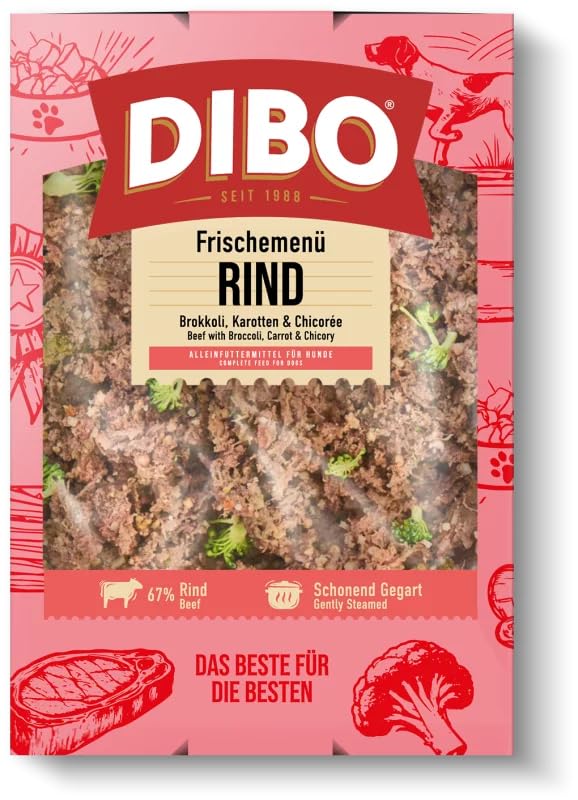 DIBO Frischemenü Rind 8kg (20 x 400g) - Tiefgekühltes Komplettmenü mit Rind, Reis & Gemüse – Omega‑3‑reiches Hundefutter - Sous‑Vide gegart - Ohne Getreide & Zusatzstoffe