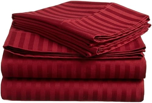 RBS Bedding's Juego de sábanas de algodón egipcio de 650 hilos, 4 piezas, tamaño King (76 x 80 pulgadas), rayas burdeos (sábana bajera ajustable